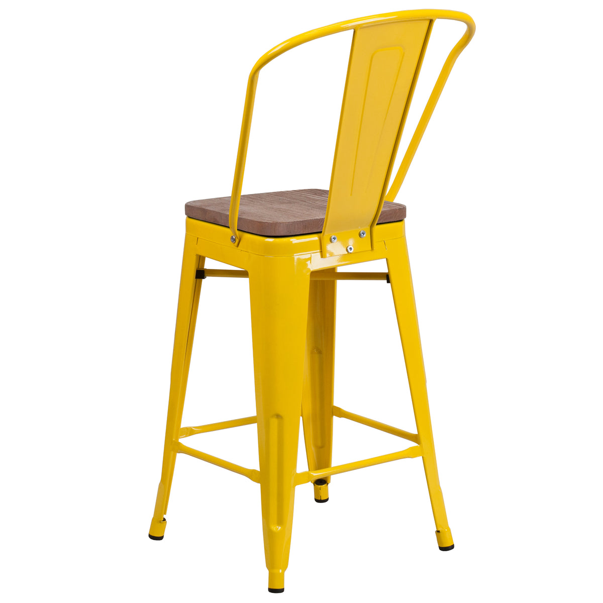 24" High Metal Counter Height Stool with Back and Wood Seat