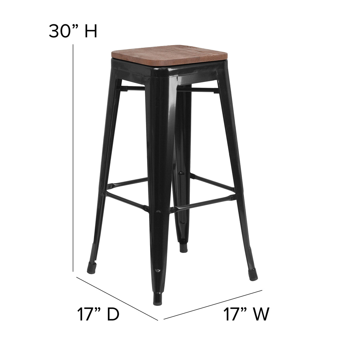 30" High Backless Metal Barstool with Square Wood Seat