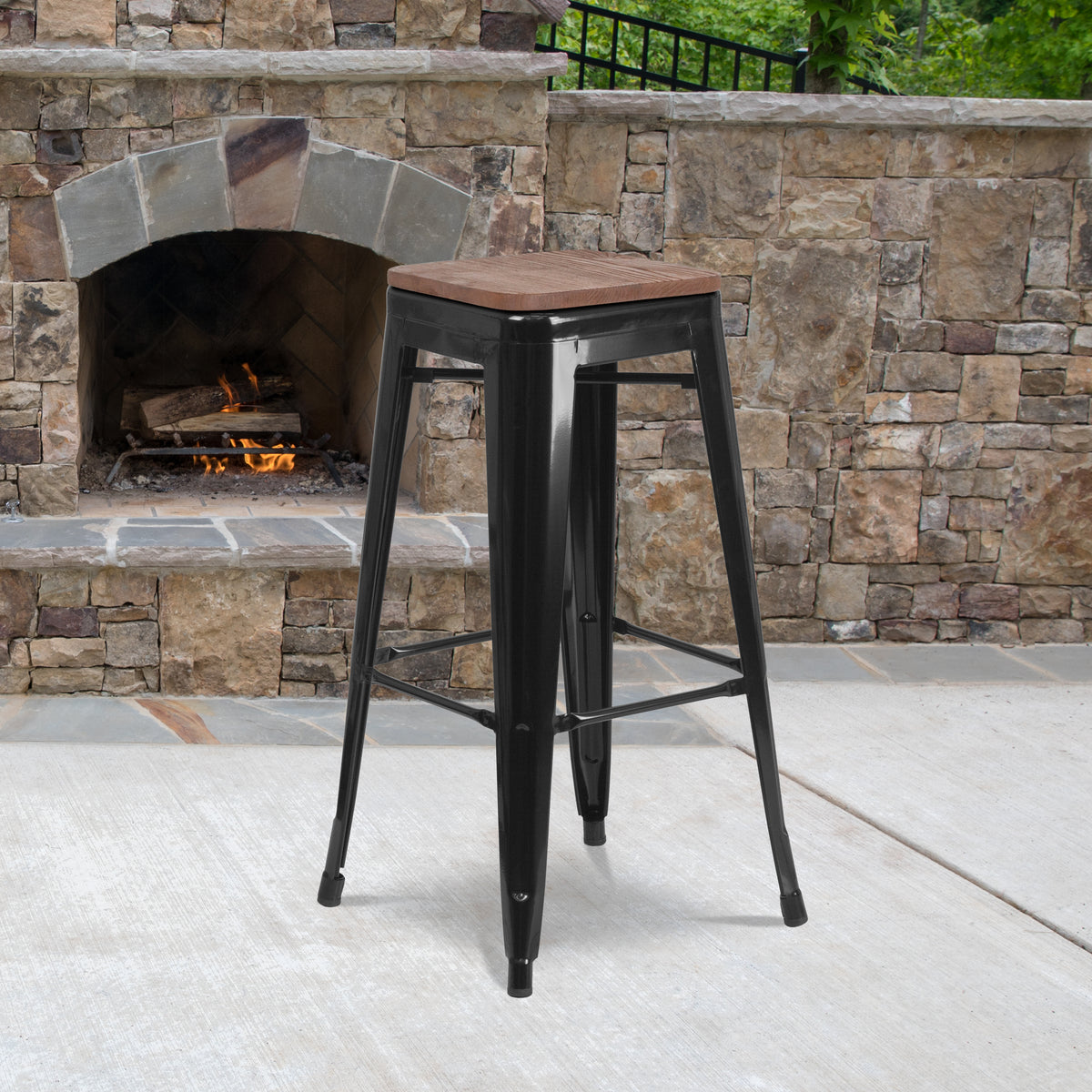 30" High Backless Metal Barstool with Square Wood Seat