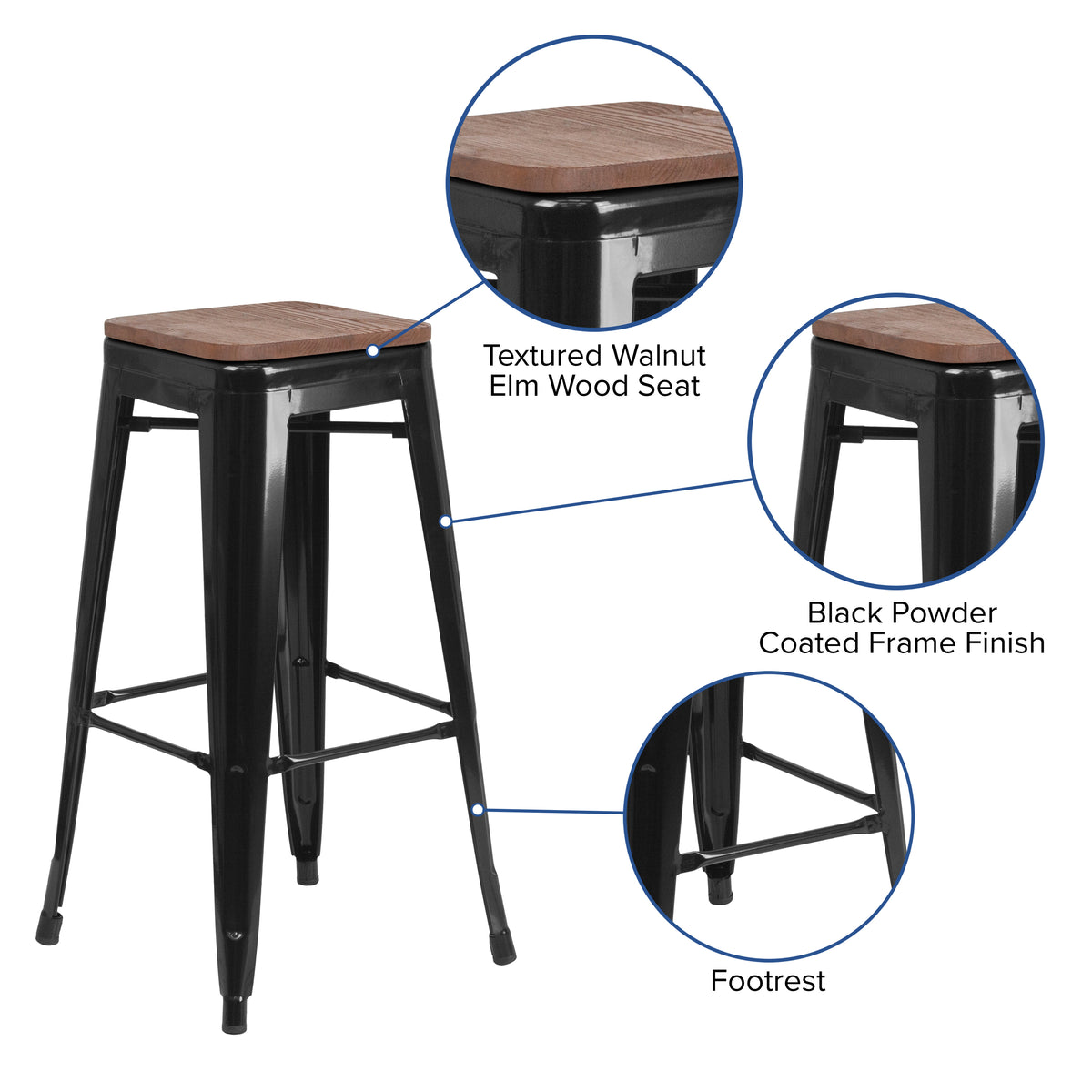30" High Backless Metal Barstool with Square Wood Seat