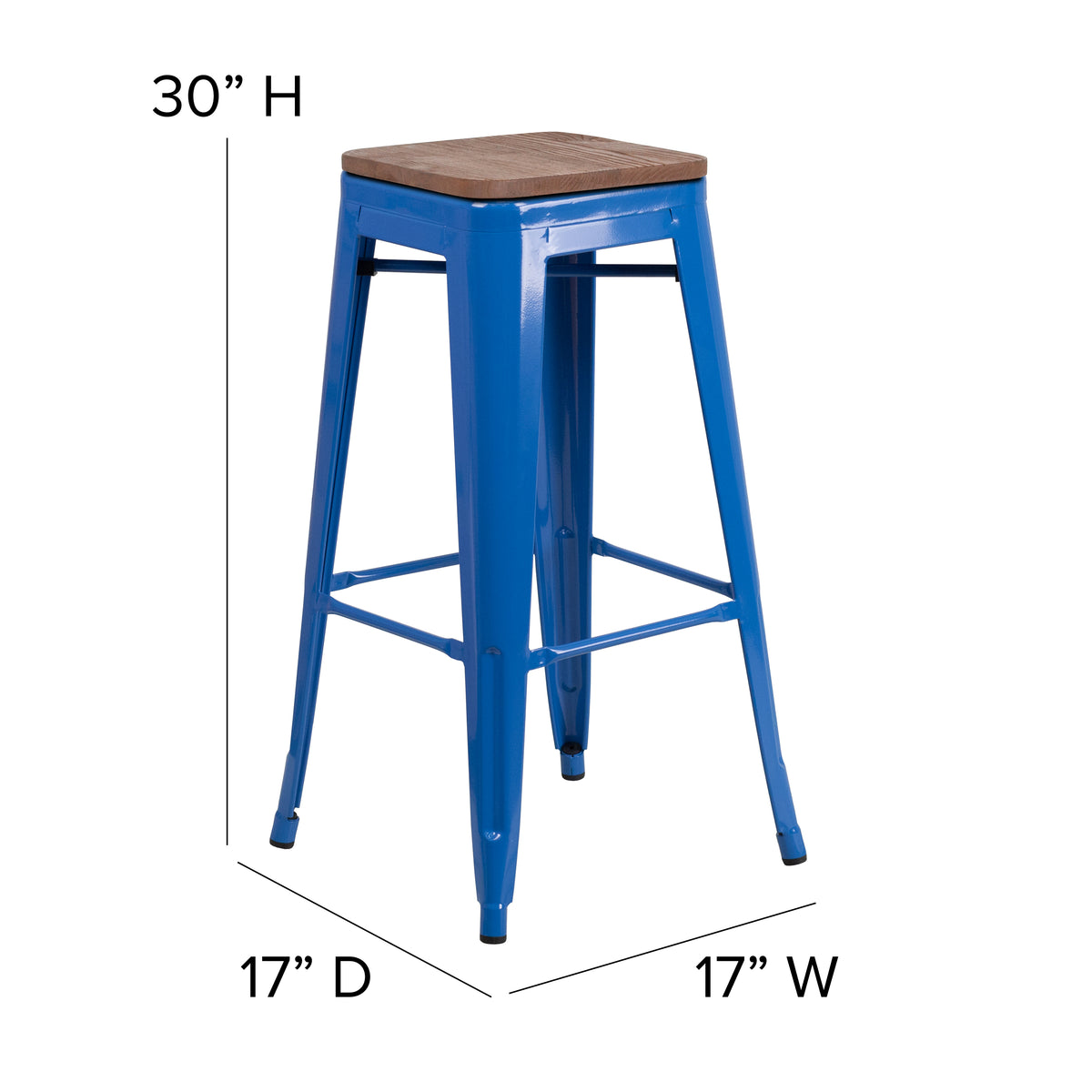 30" High Backless Metal Barstool with Square Wood Seat