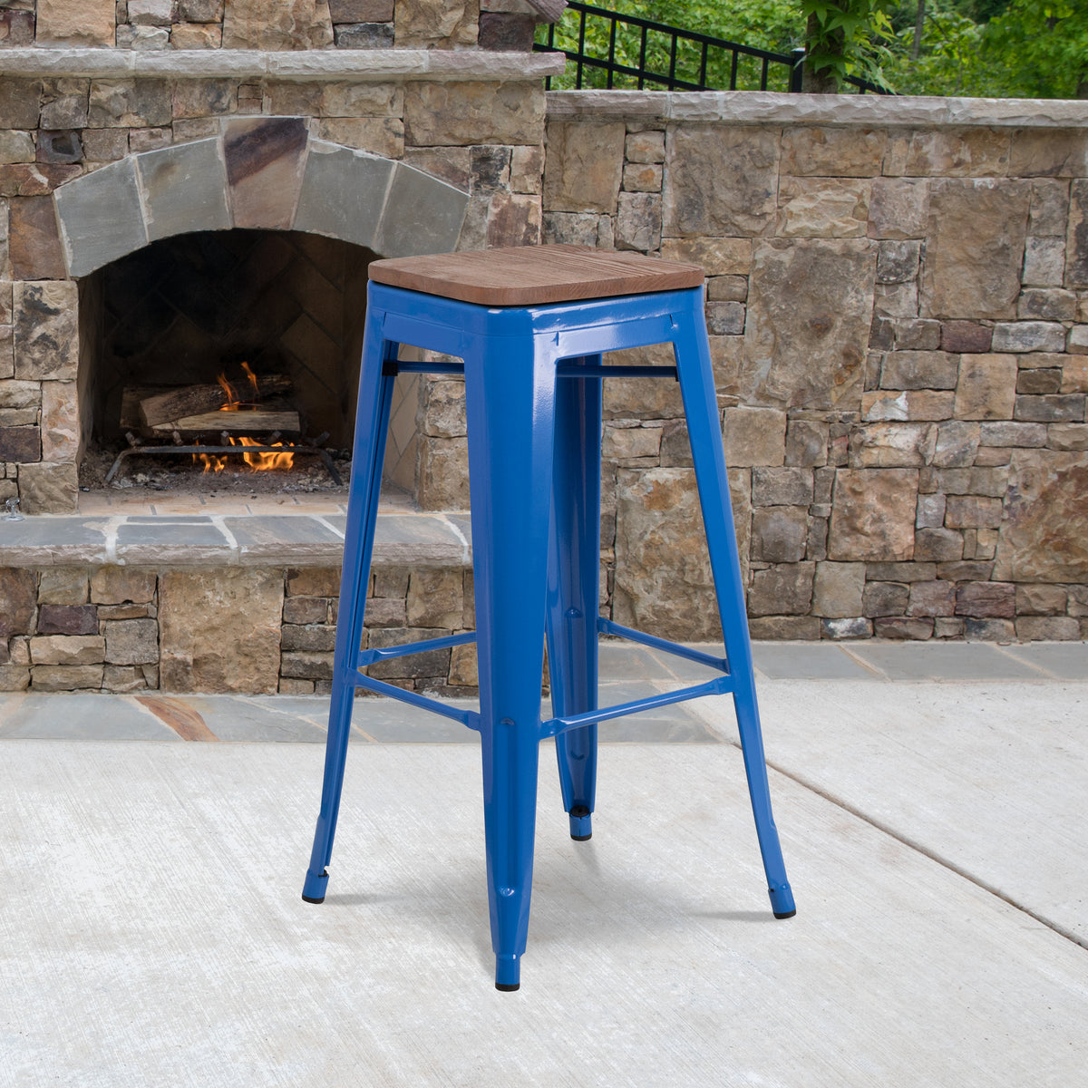 30" High Backless Metal Barstool with Square Wood Seat