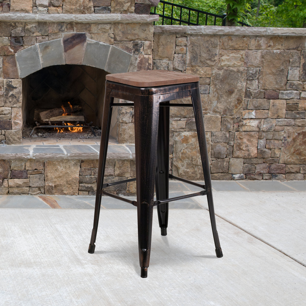 30" High Backless Metal Barstool with Square Wood Seat