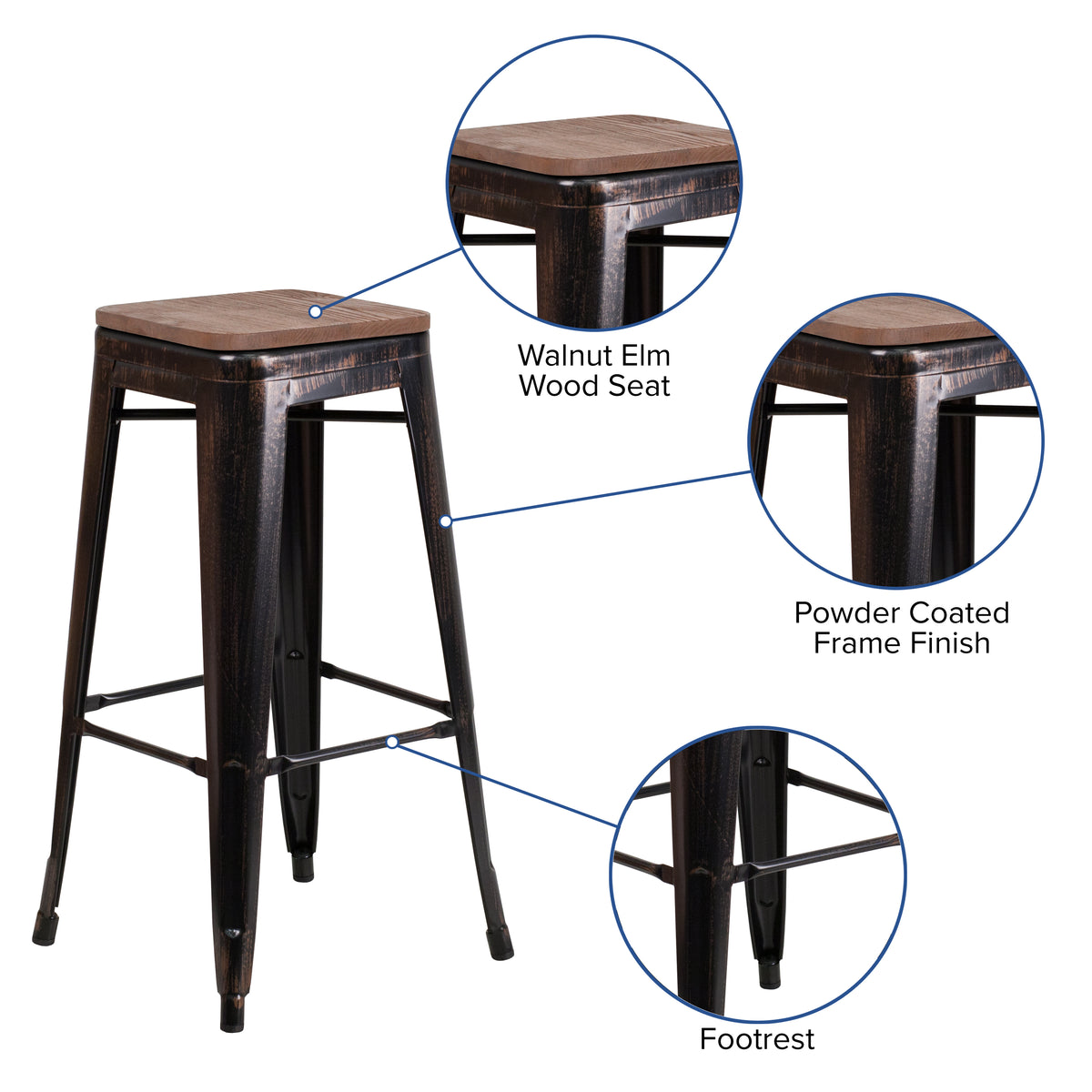 30" High Backless Metal Barstool with Square Wood Seat