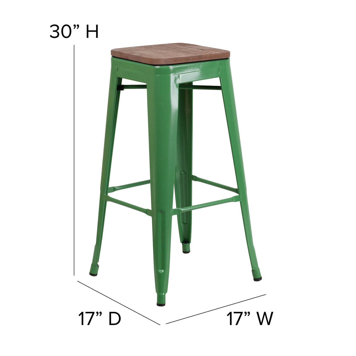 30" High Backless Metal Barstool with Square Wood Seat