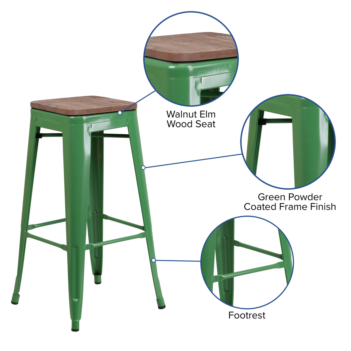 30" High Backless Metal Barstool with Square Wood Seat