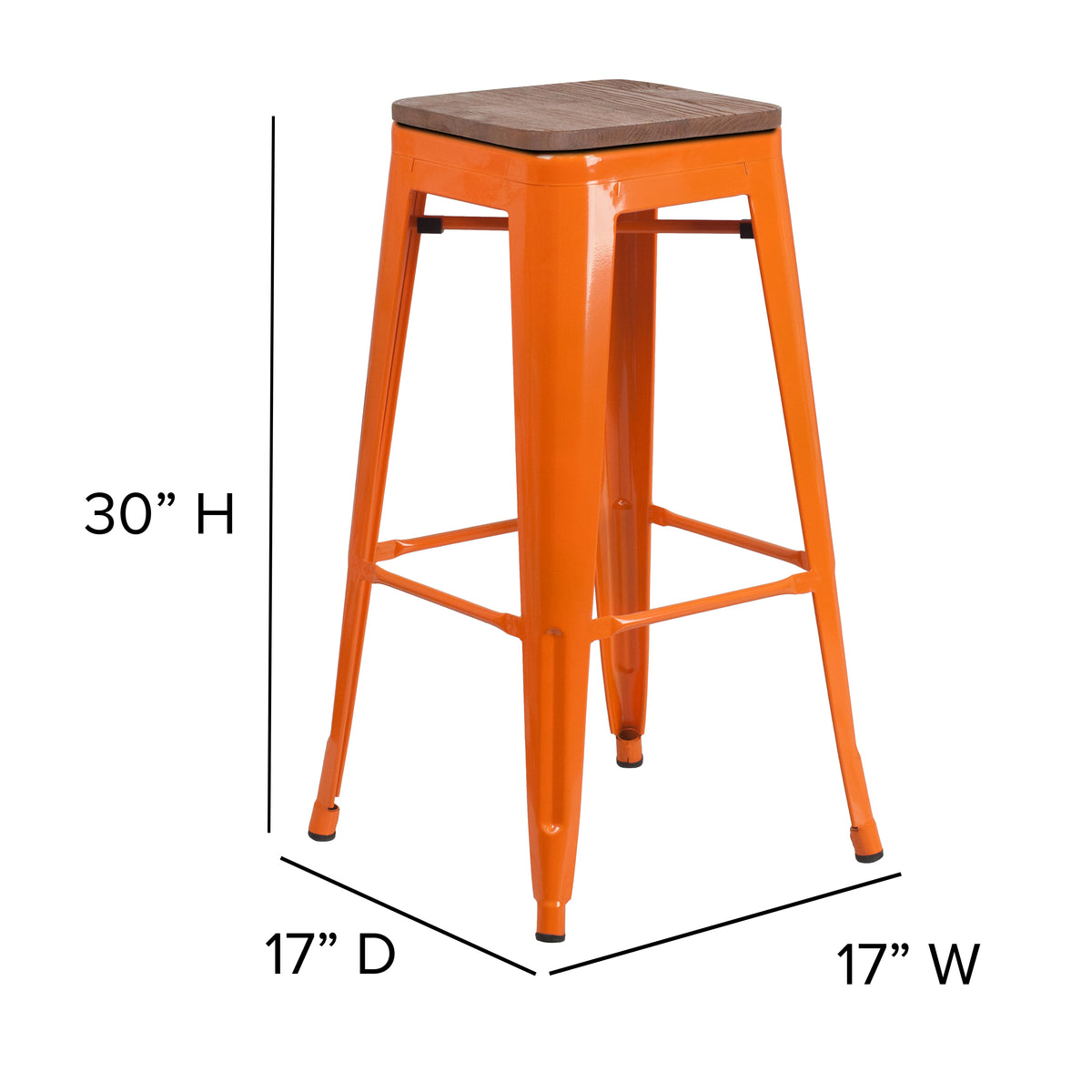 30" High Backless Metal Barstool with Square Wood Seat