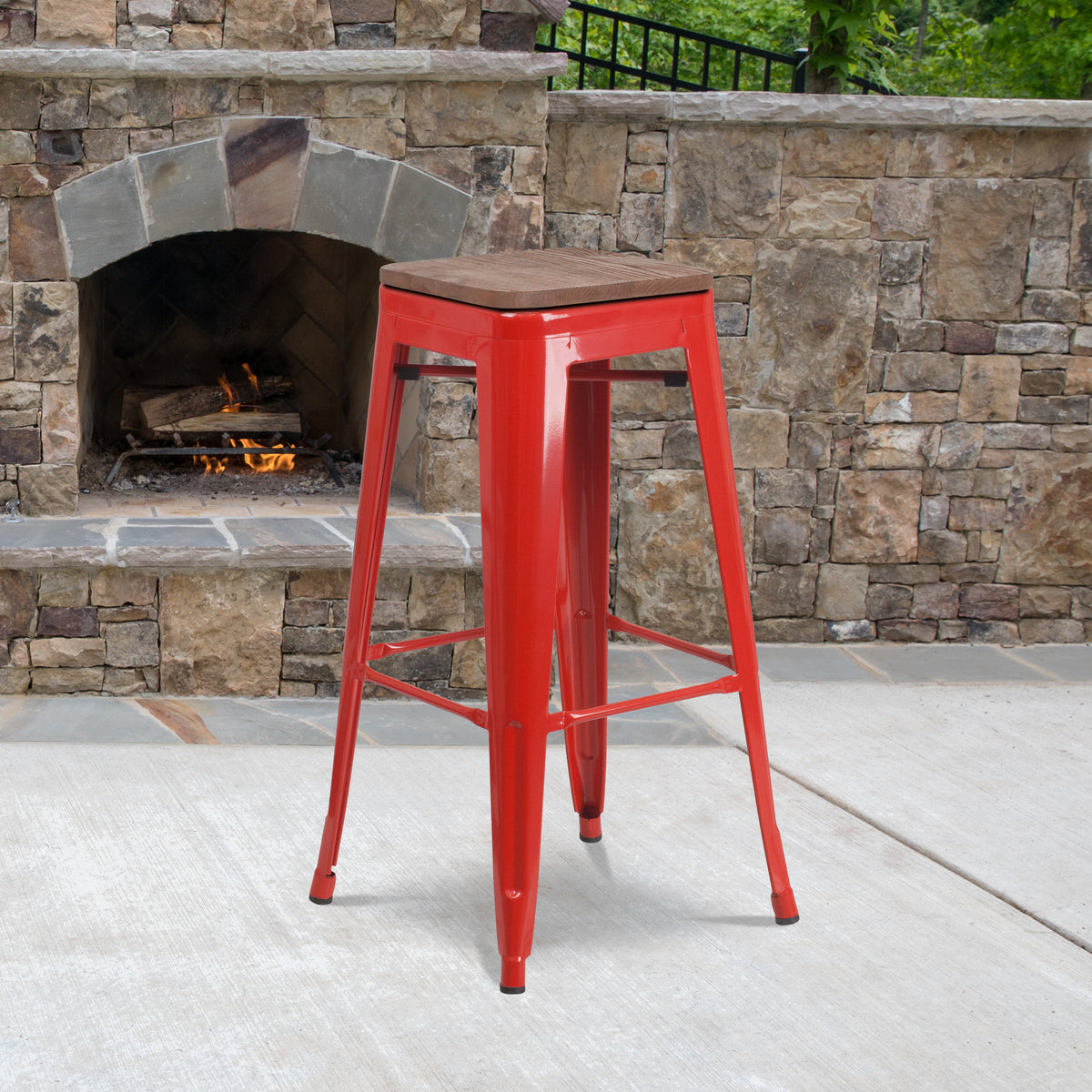 30" High Backless Metal Barstool with Square Wood Seat