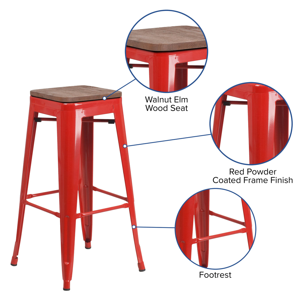 30" High Backless Metal Barstool with Square Wood Seat