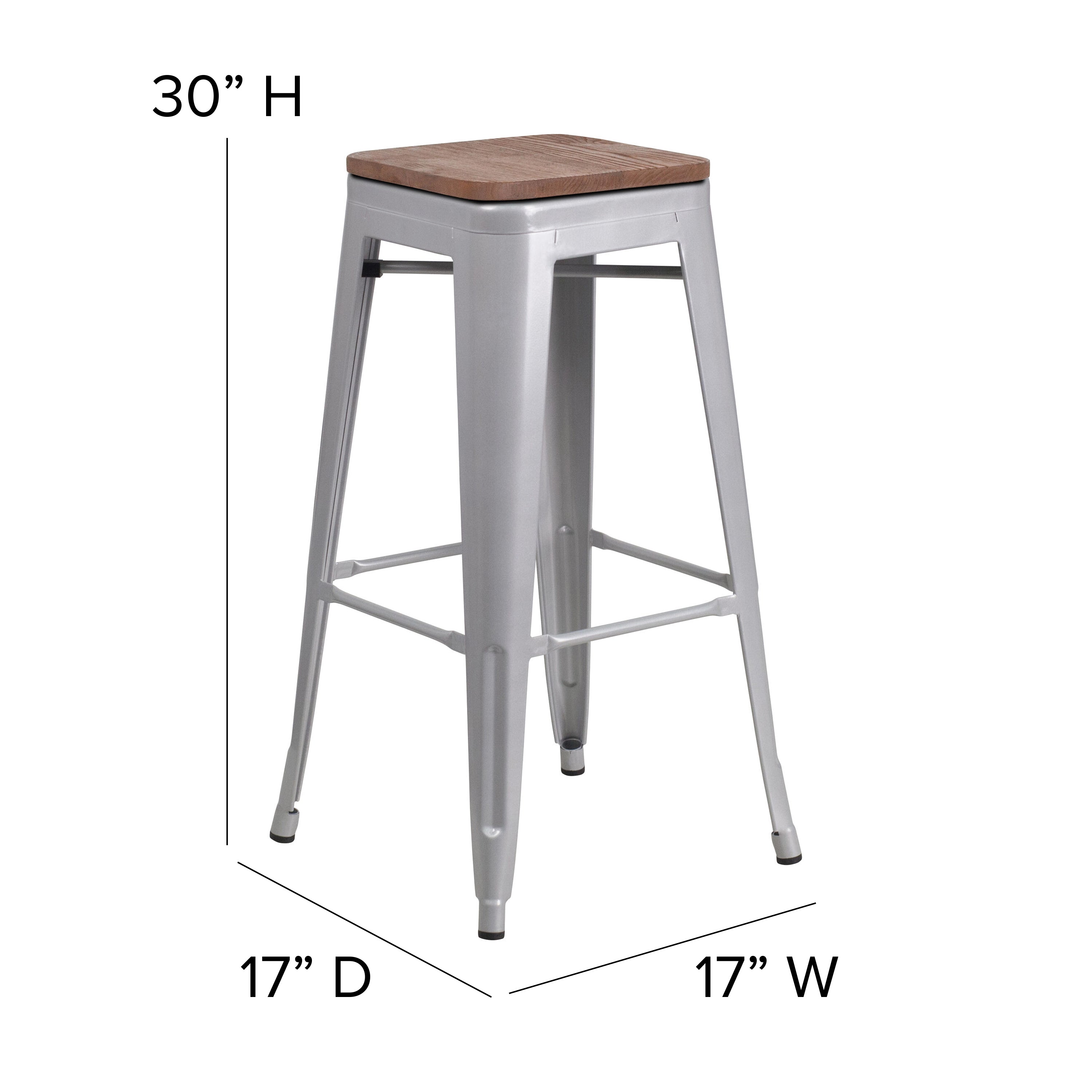 30" High Backless Metal Barstool with Square Wood Seat-Bar Stool-Flash Furniture-Wall2Wall Furnishings