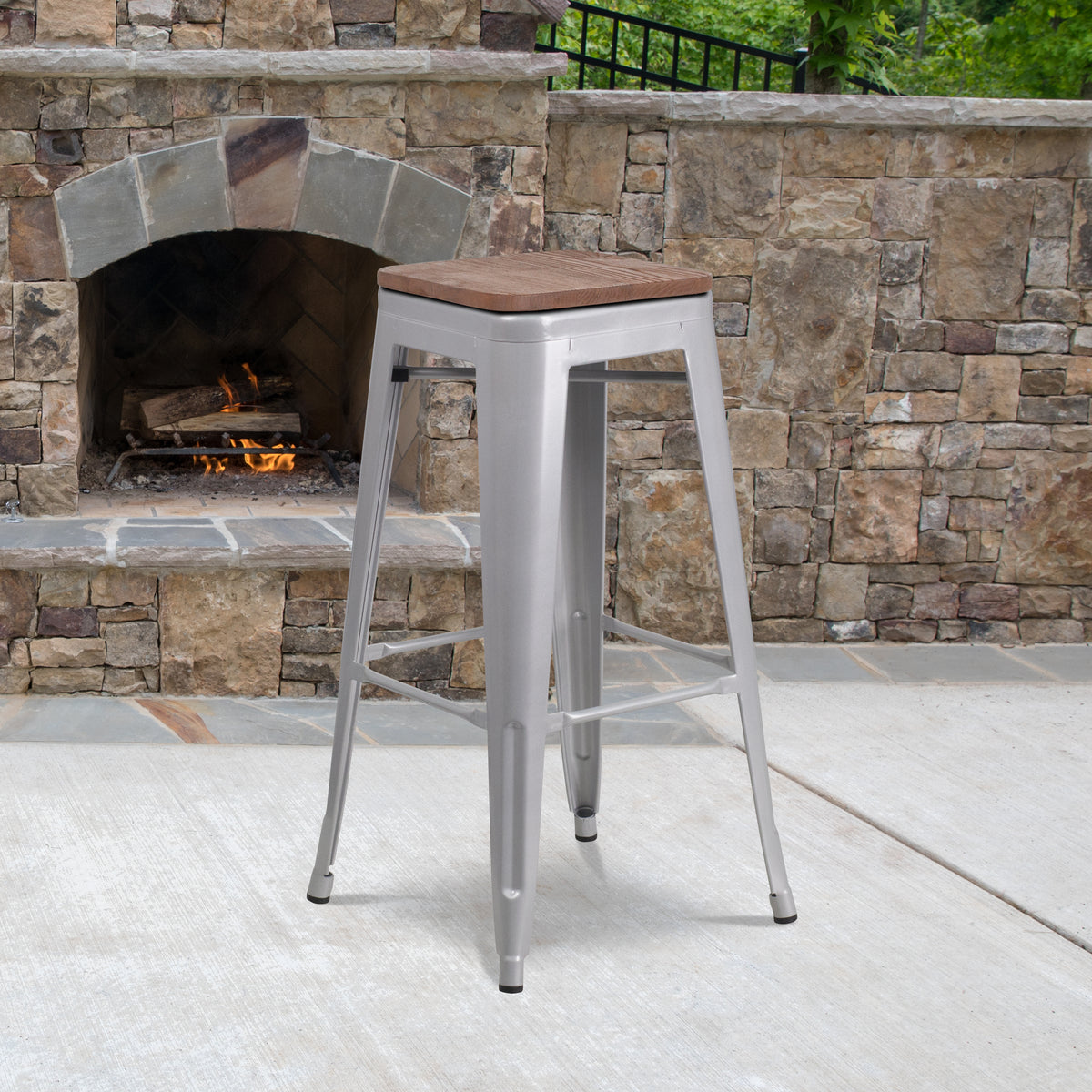 30" High Backless Metal Barstool with Square Wood Seat