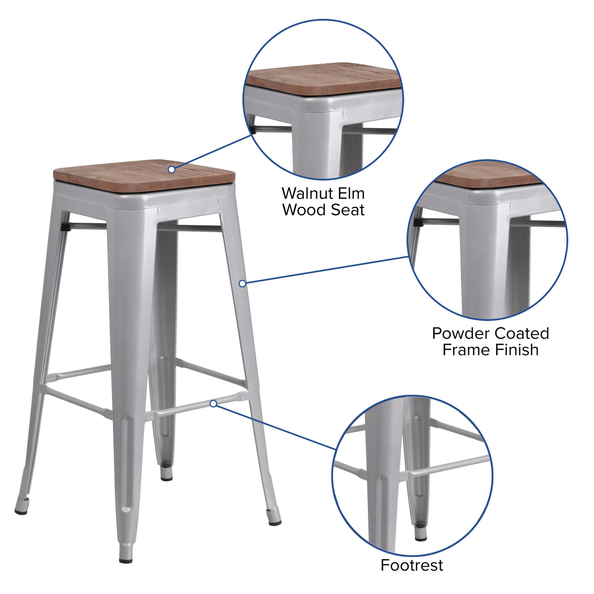30" High Backless Metal Barstool with Square Wood Seat