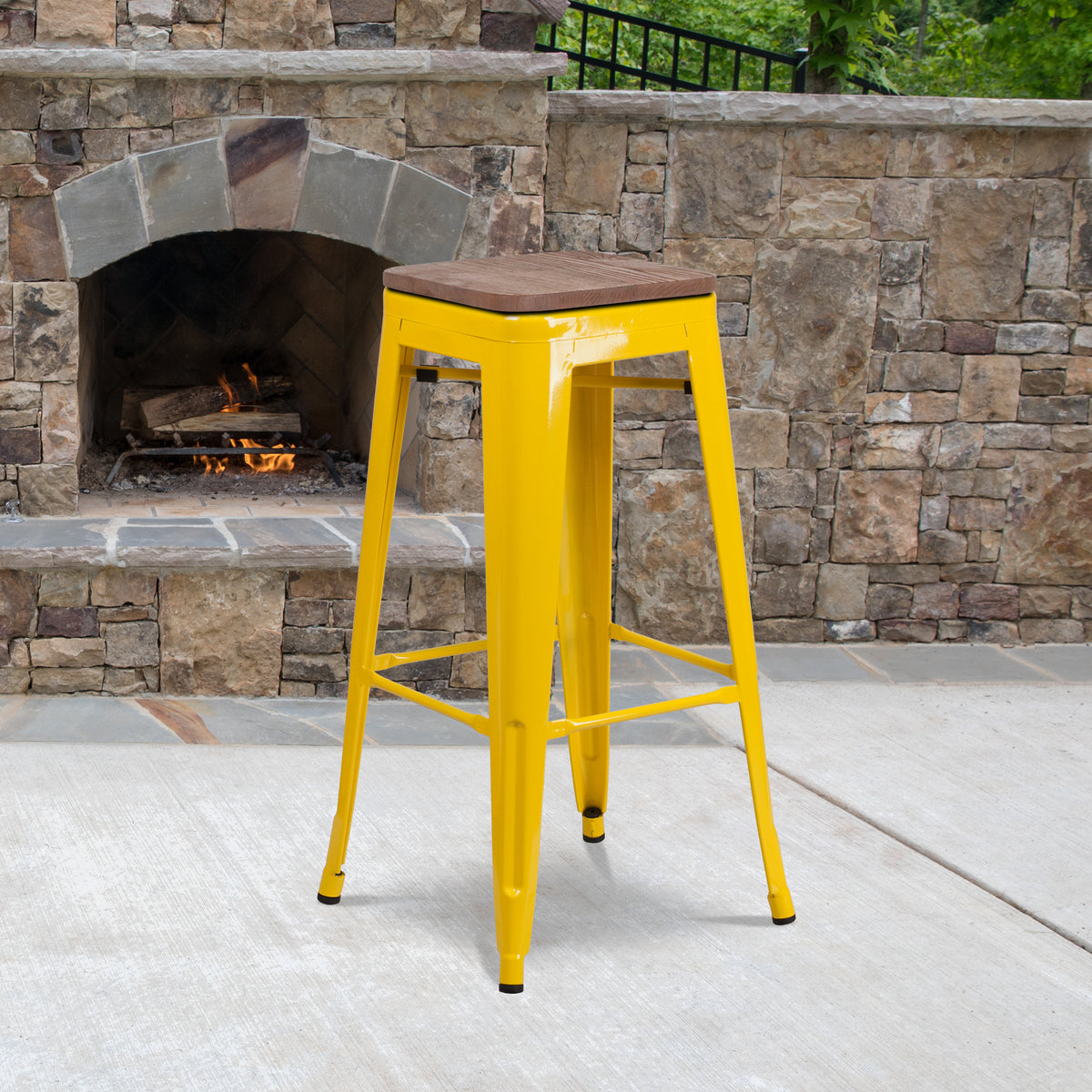 30" High Backless Metal Barstool with Square Wood Seat