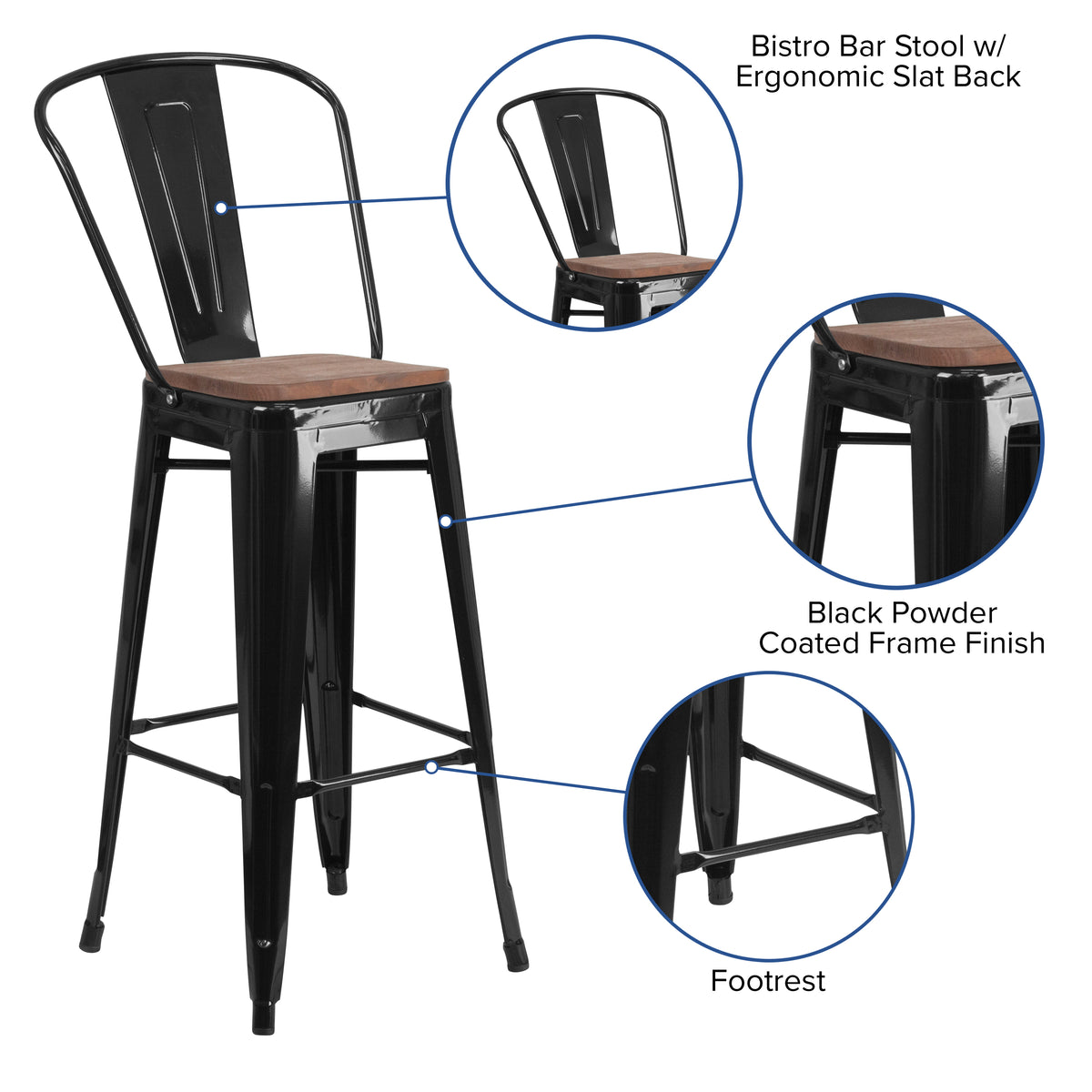 30" High Metal Barstool with Back and Wood Seat