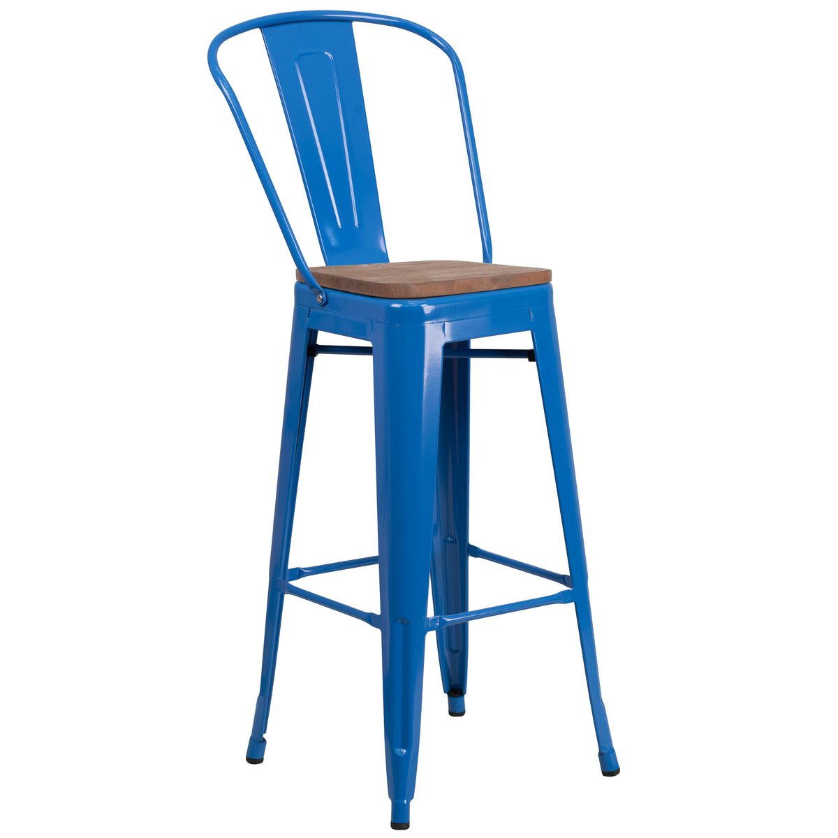 30" High Metal Barstool with Back and Wood Seat