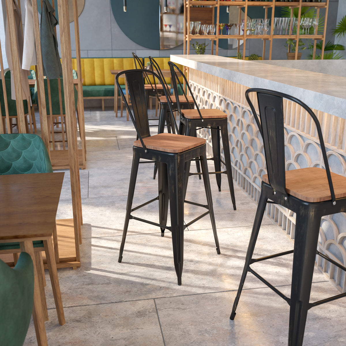 30" High Metal Barstool with Back and Wood Seat