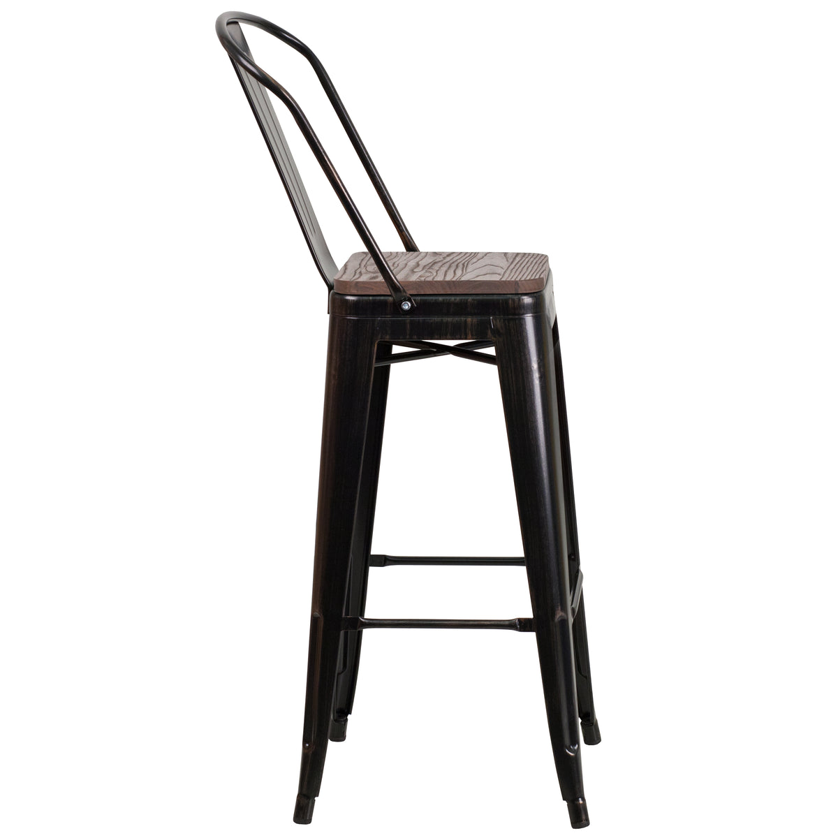 30" High Metal Barstool with Back and Wood Seat