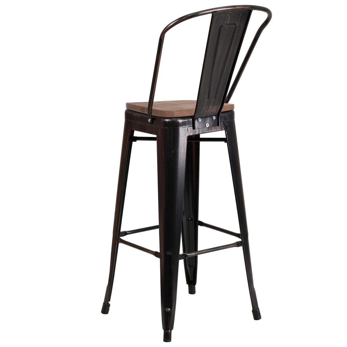 30" High Metal Barstool with Back and Wood Seat