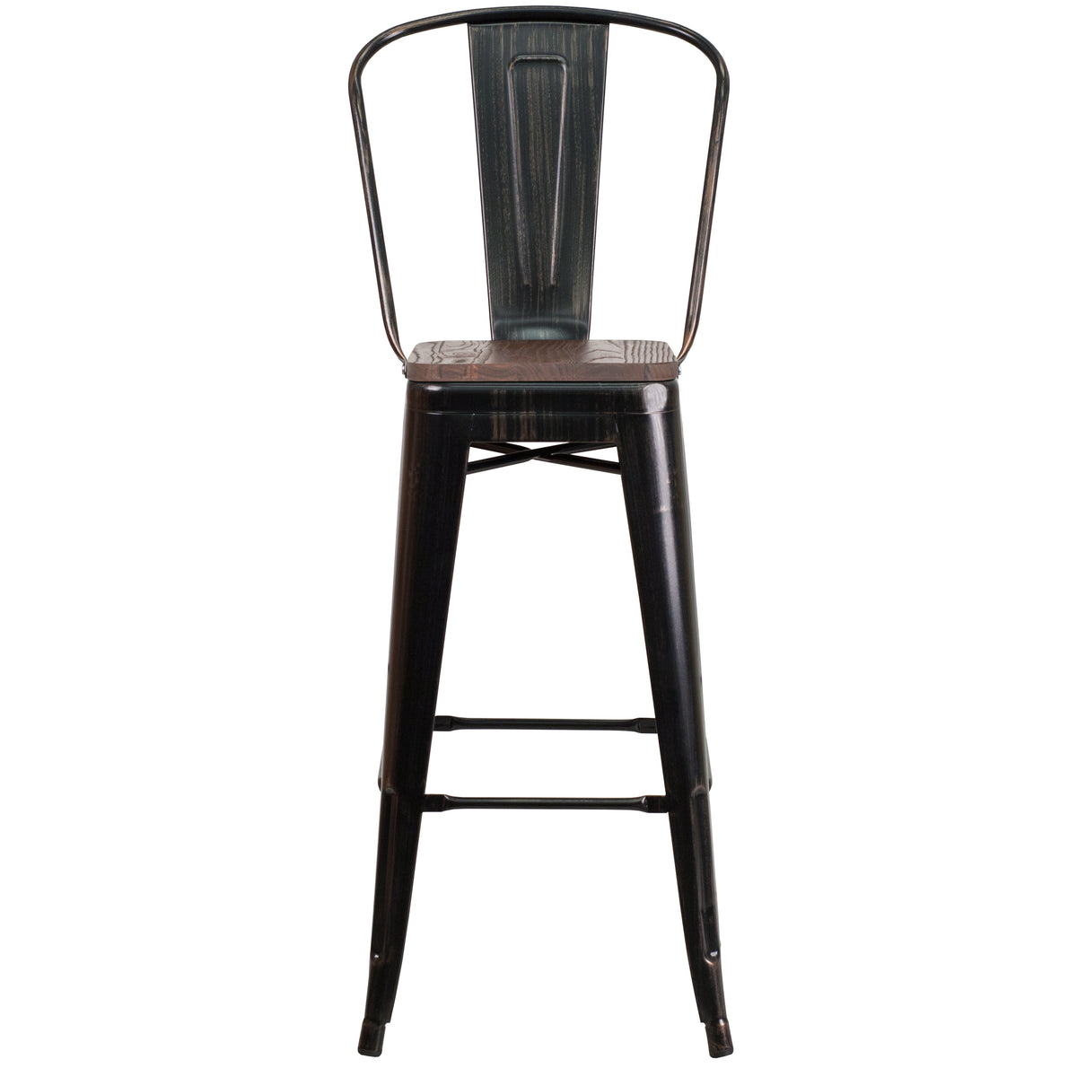 30" High Metal Barstool with Back and Wood Seat
