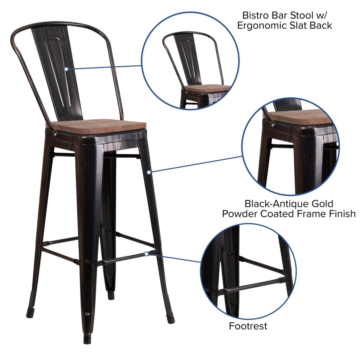 30" High Metal Barstool with Back and Wood Seat