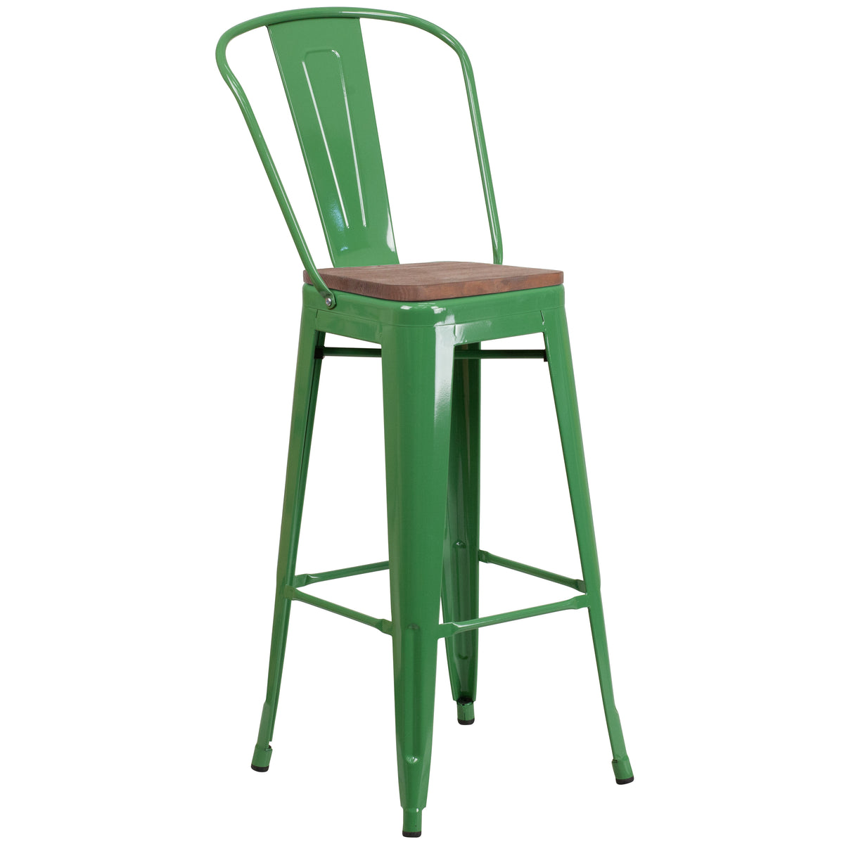 30" High Metal Barstool with Back and Wood Seat
