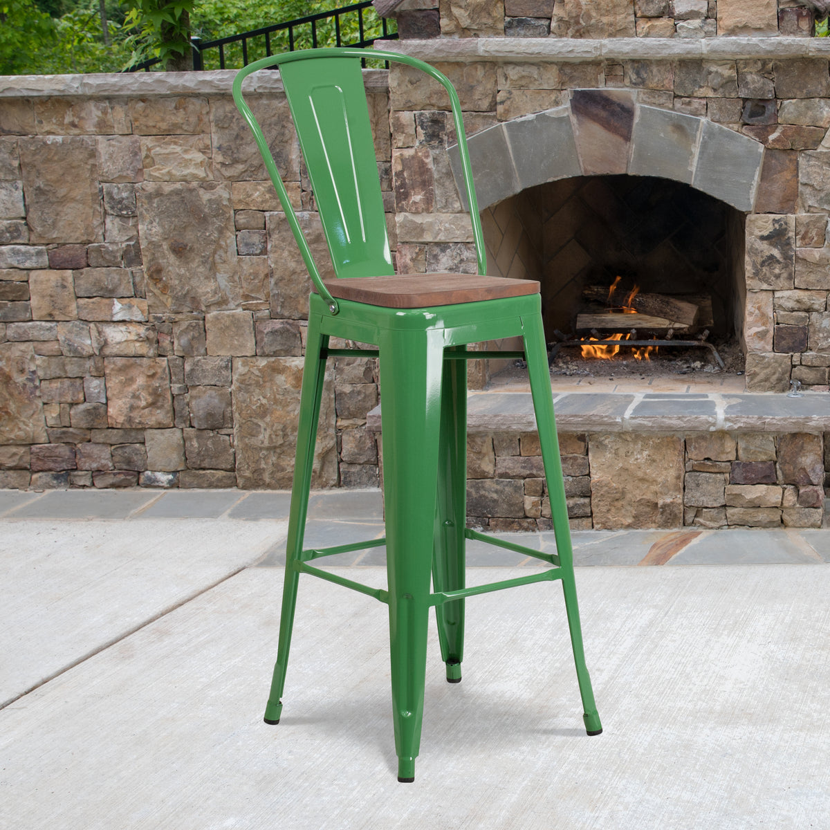 30" High Metal Barstool with Back and Wood Seat