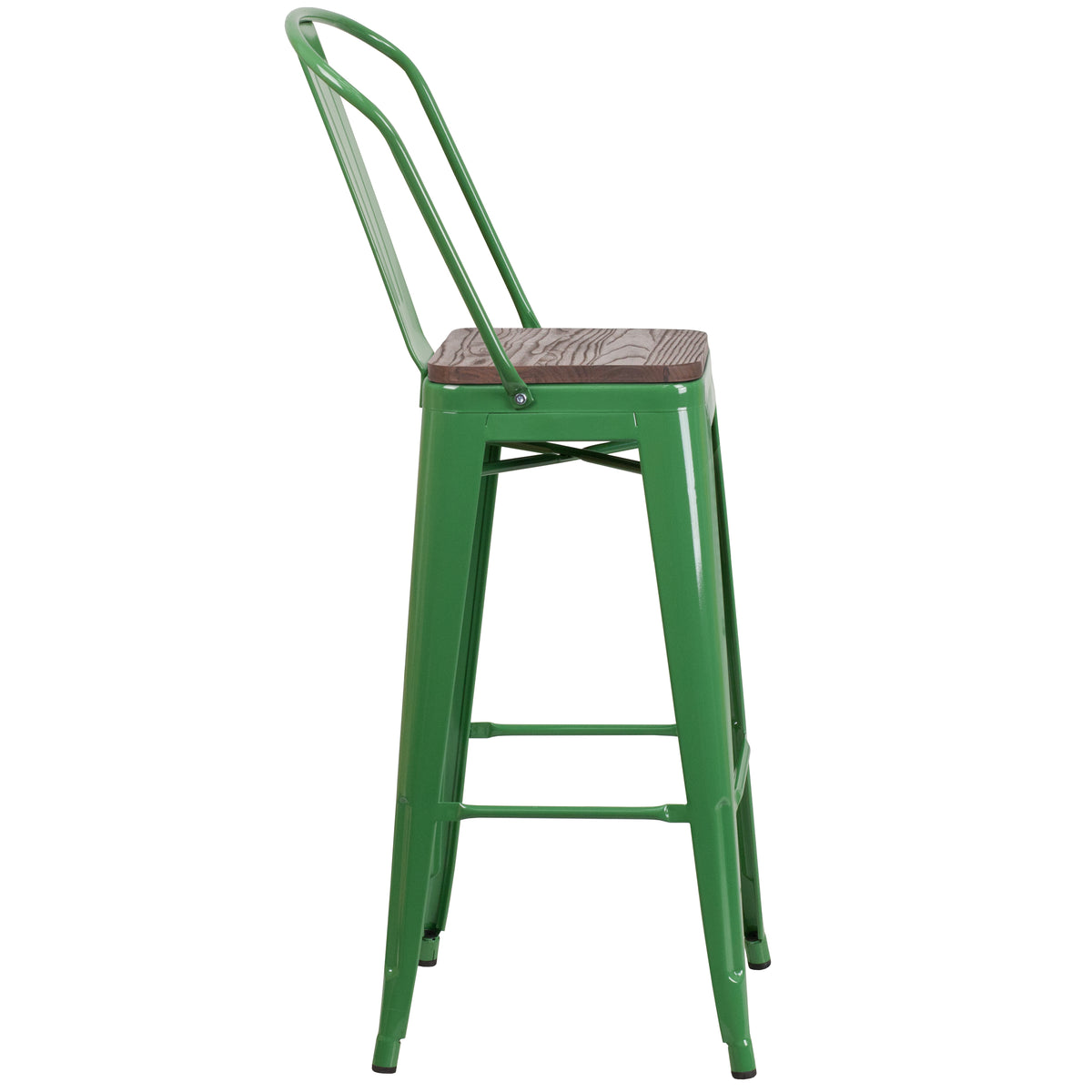 30" High Metal Barstool with Back and Wood Seat