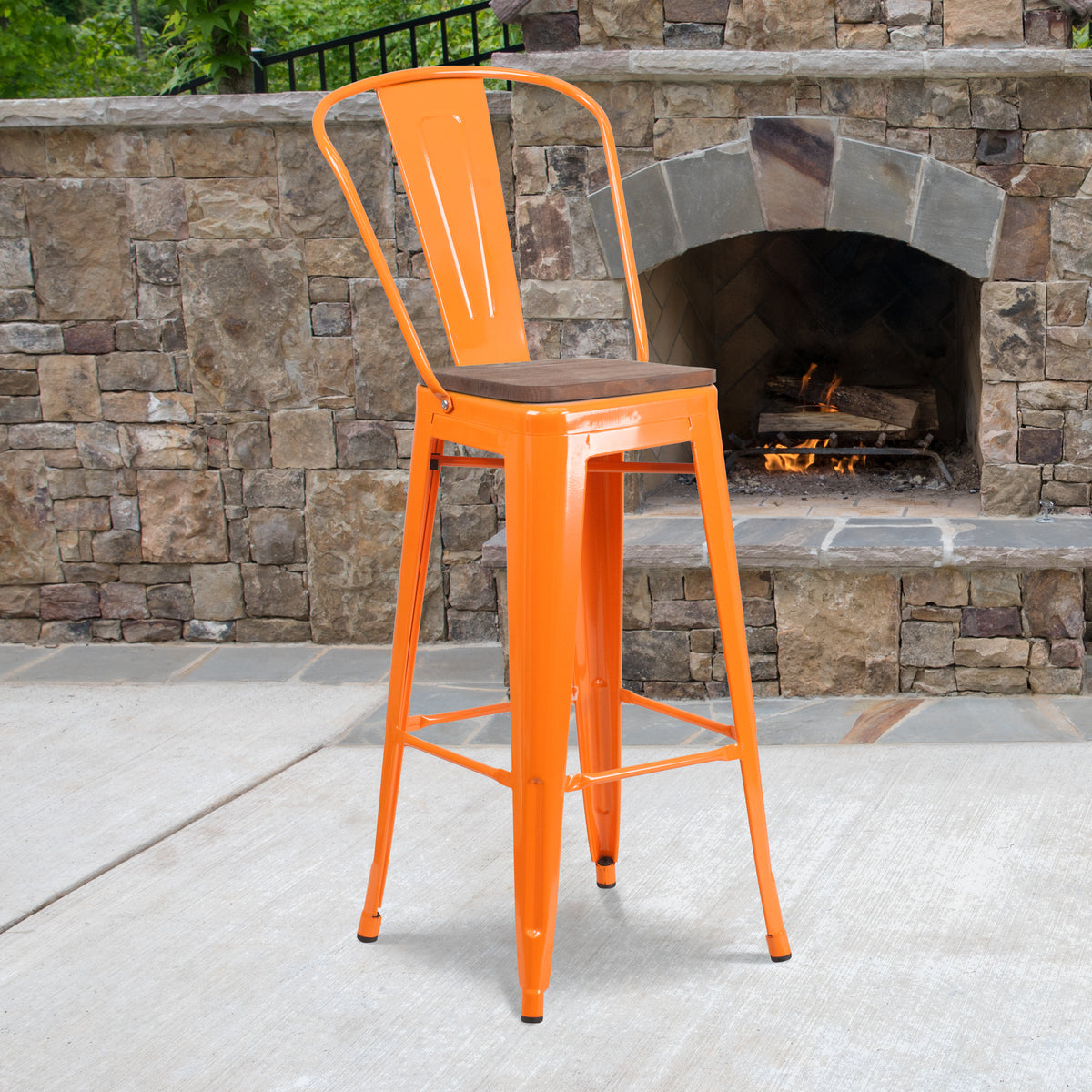 30" High Metal Barstool with Back and Wood Seat
