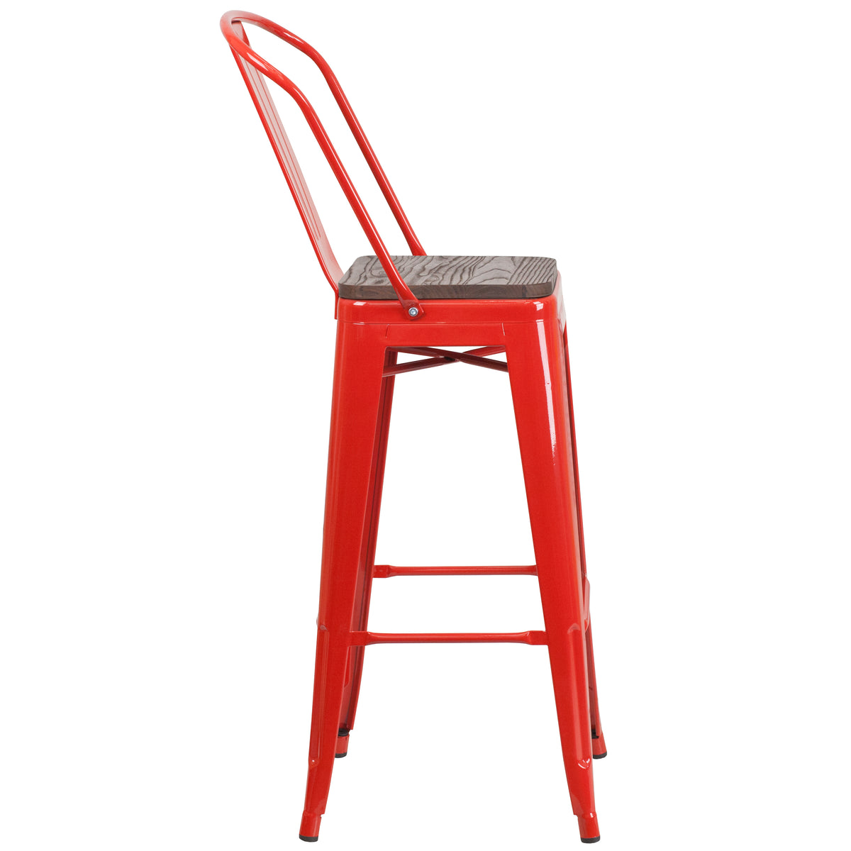 30" High Metal Barstool with Back and Wood Seat