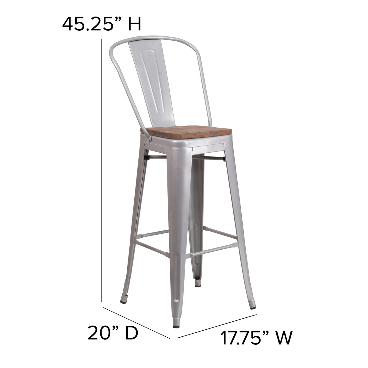 30" High Metal Barstool with Back and Wood Seat