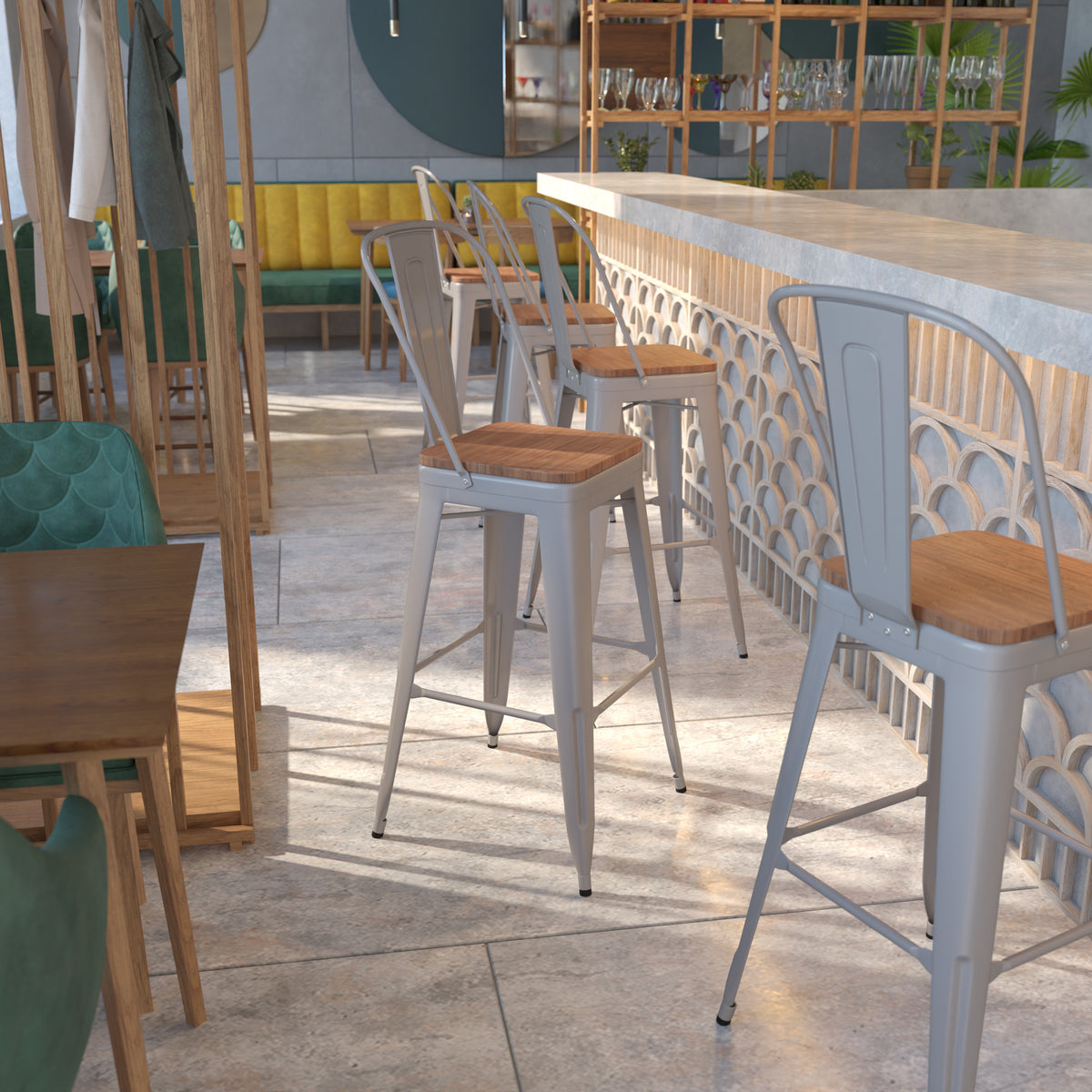 30" High Metal Barstool with Back and Wood Seat