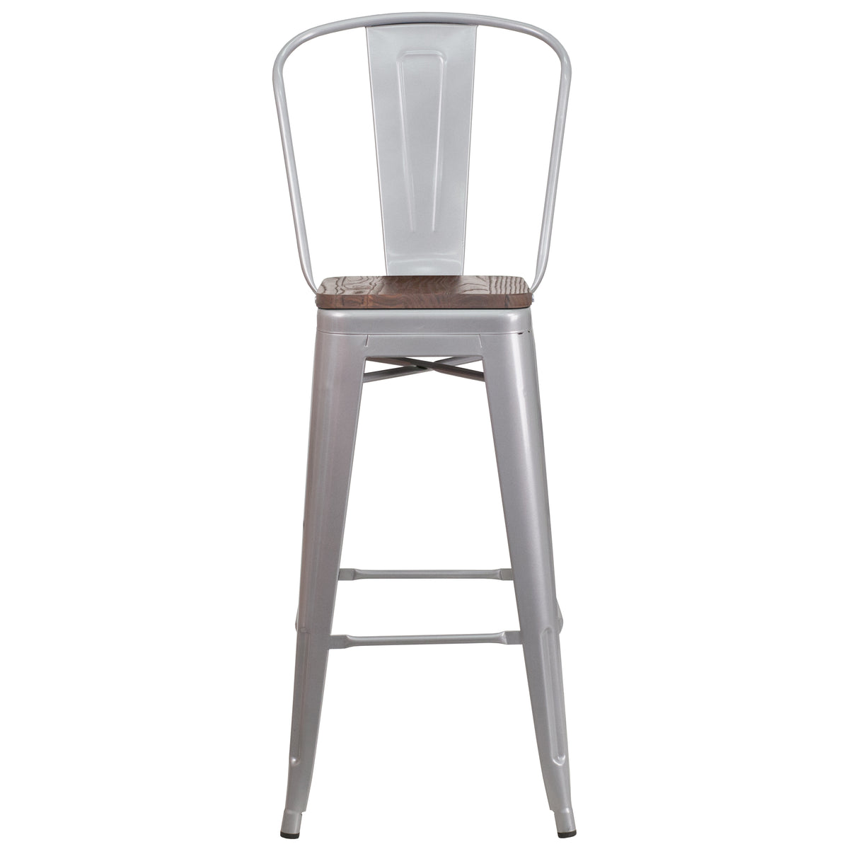 30" High Metal Barstool with Back and Wood Seat