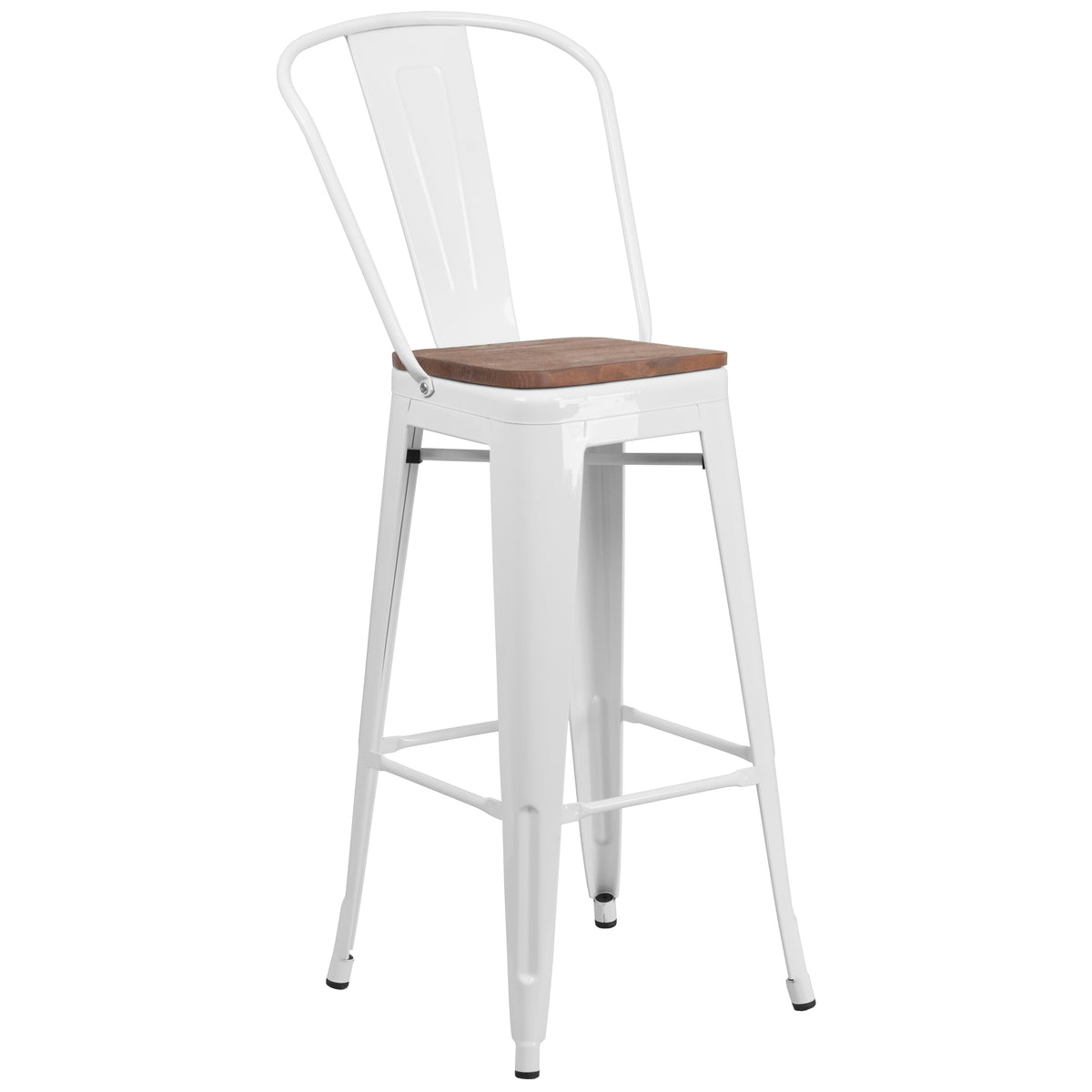 30" High Metal Barstool with Back and Wood Seat