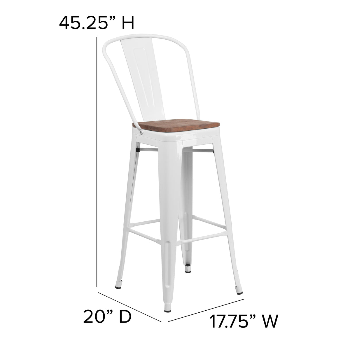 30" High Metal Barstool with Back and Wood Seat