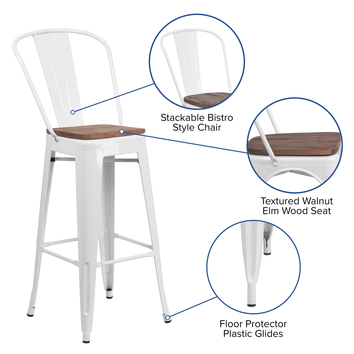 30" High Metal Barstool with Back and Wood Seat