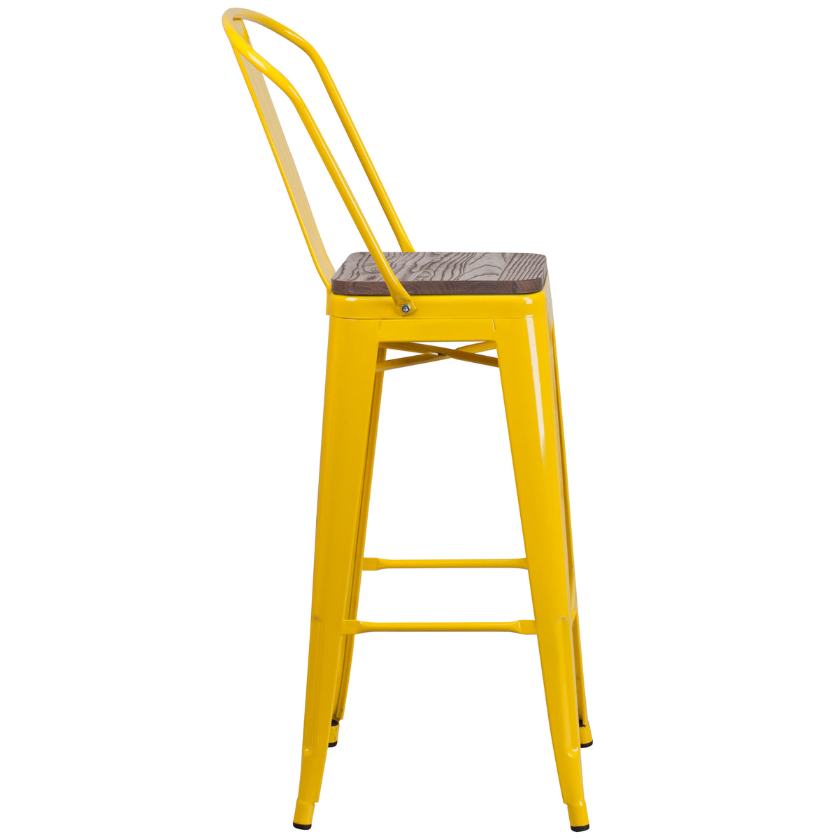 30" High Metal Barstool with Back and Wood Seat