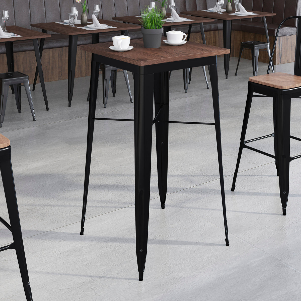 23.5" Square Metal Indoor Bar Height Table with Rustic Wood Top
