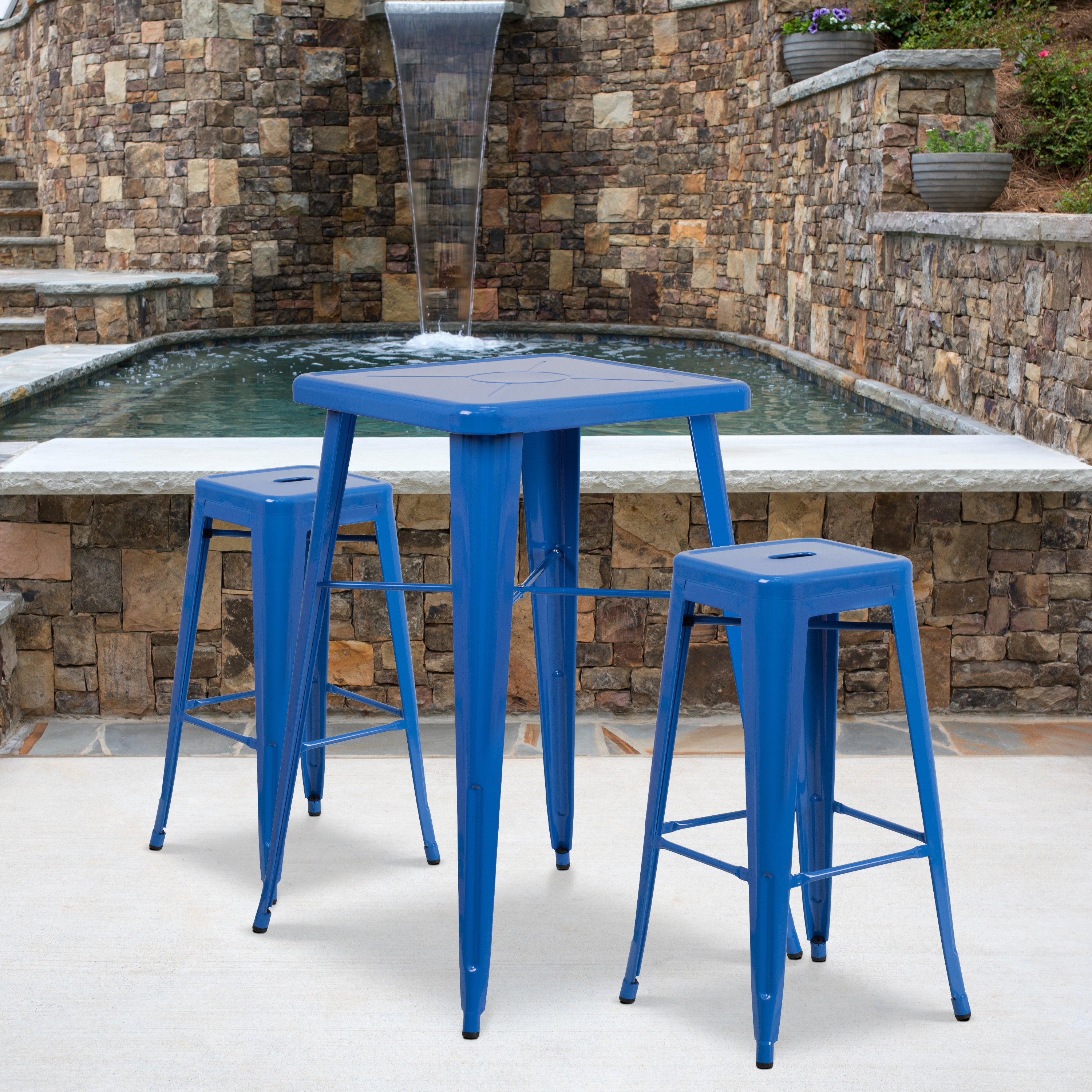 Commercial Grade 23.75" Square Metal Indoor-Outdoor Bar Table Set with 2 Square Seat Backless Stools-Indoor/Outdoor Dining Sets-Flash Furniture-Wall2Wall Furnishings