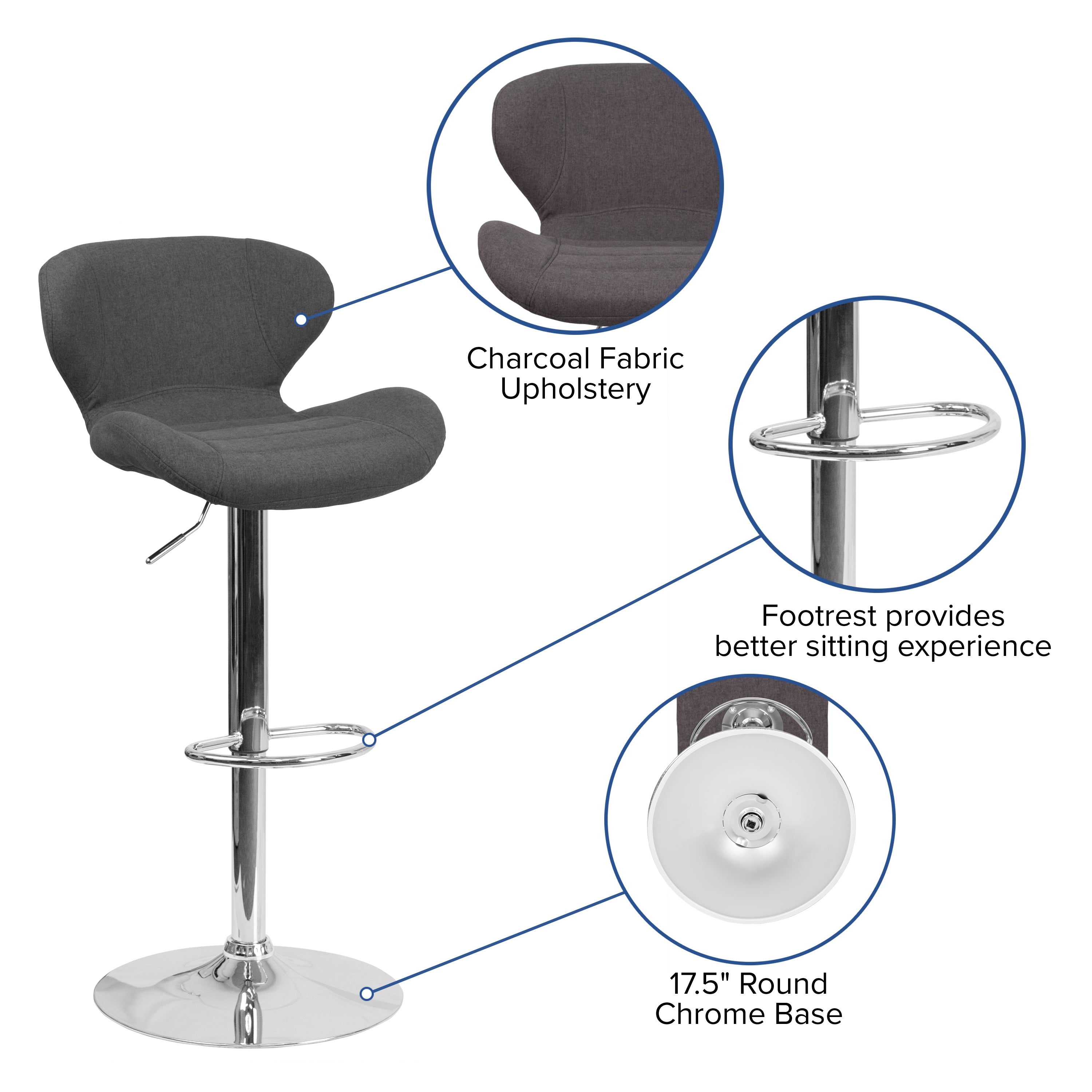 Contemporary Adjustable Height Barstool with Curved Back and Chrome Base