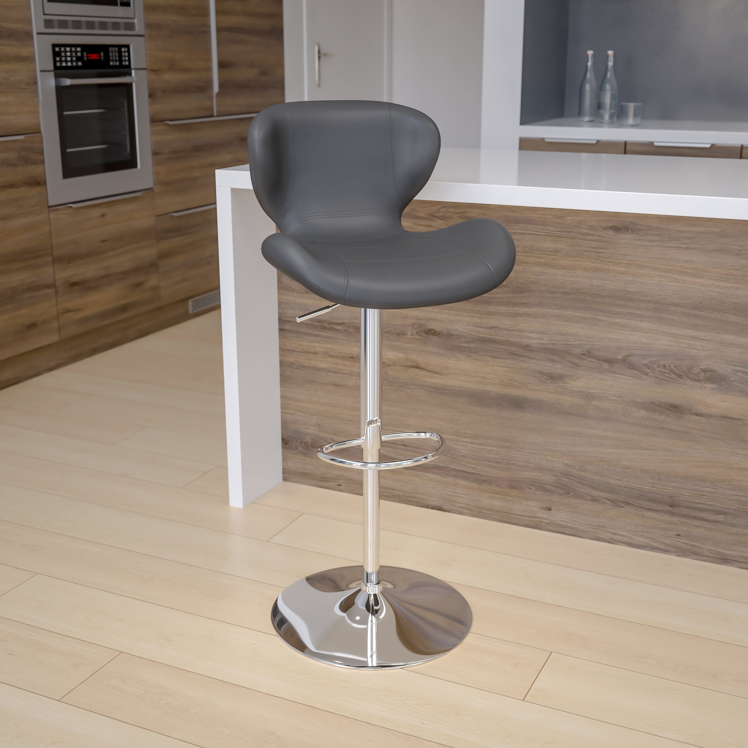 Contemporary Adjustable Height Barstool with Curved Back and Chrome Base