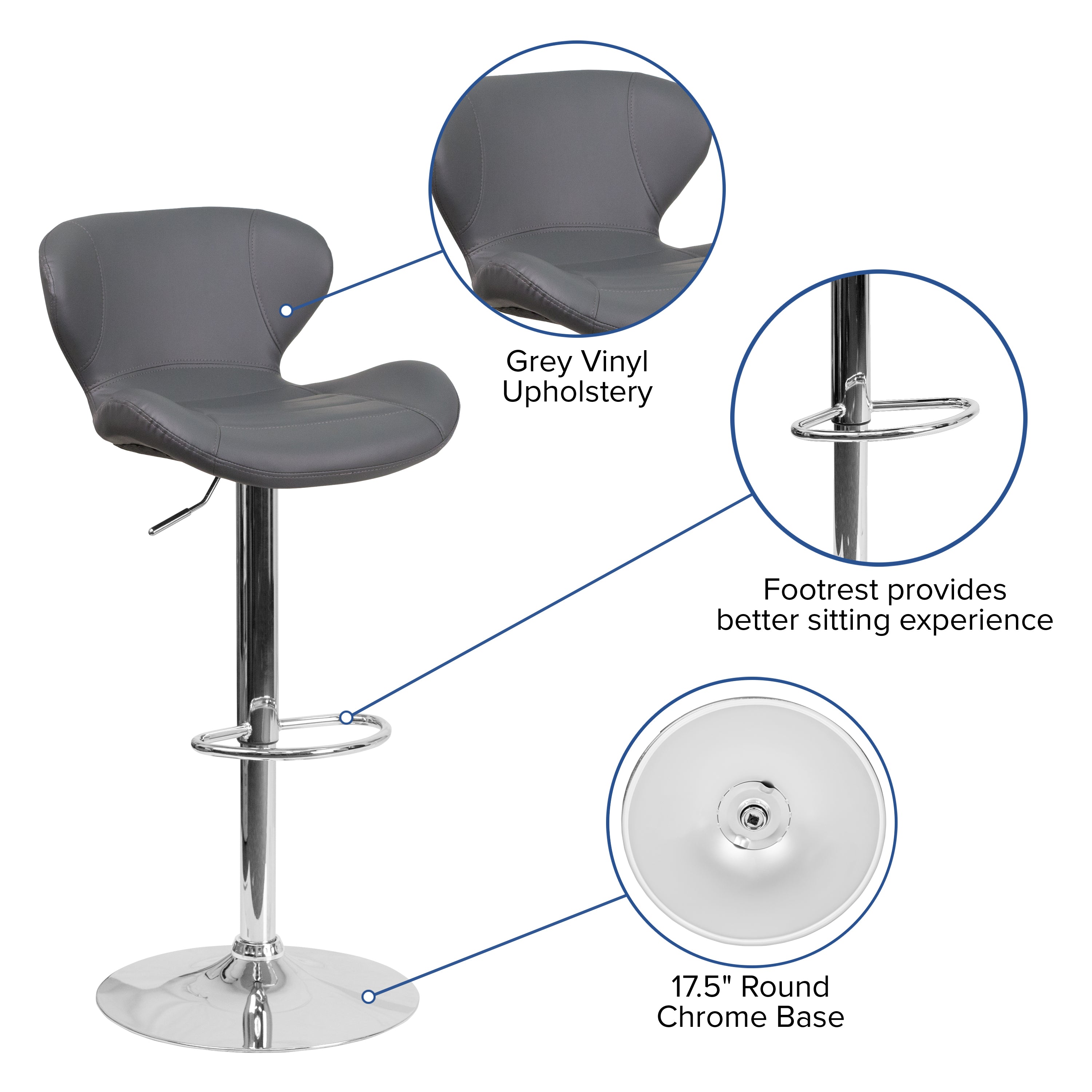 Contemporary Adjustable Height Barstool with Curved Back and Chrome Base