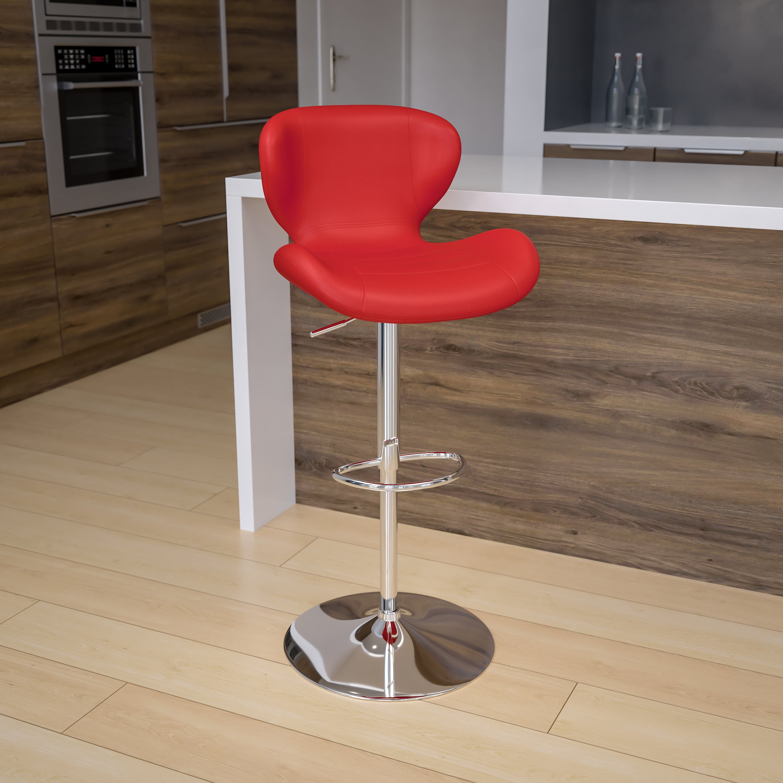 Contemporary Adjustable Height Barstool with Curved Back and Chrome Base