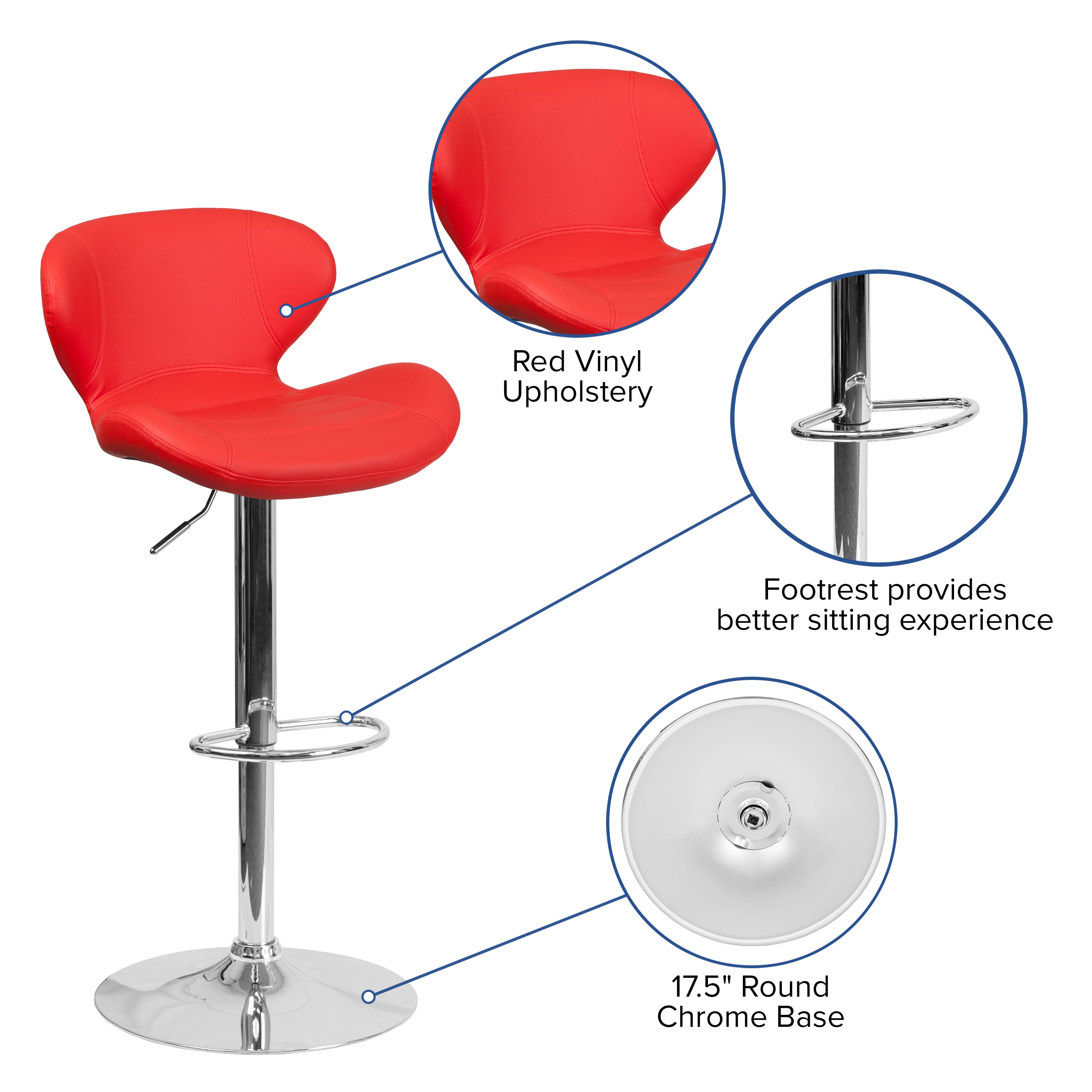 Contemporary Adjustable Height Barstool with Curved Back and Chrome Base