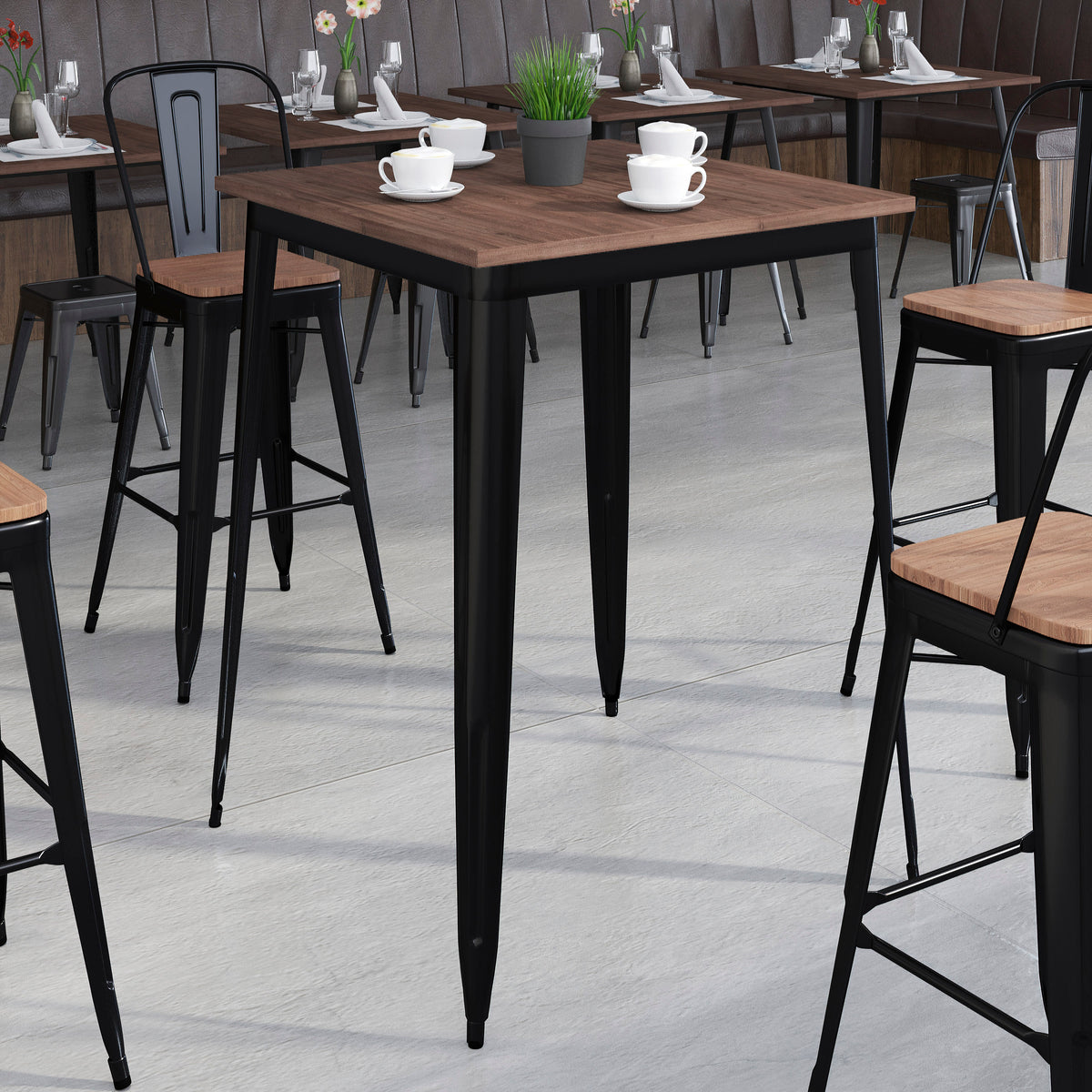 31.5" Square Metal Indoor Bar Height Table with Rustic Wood Top
