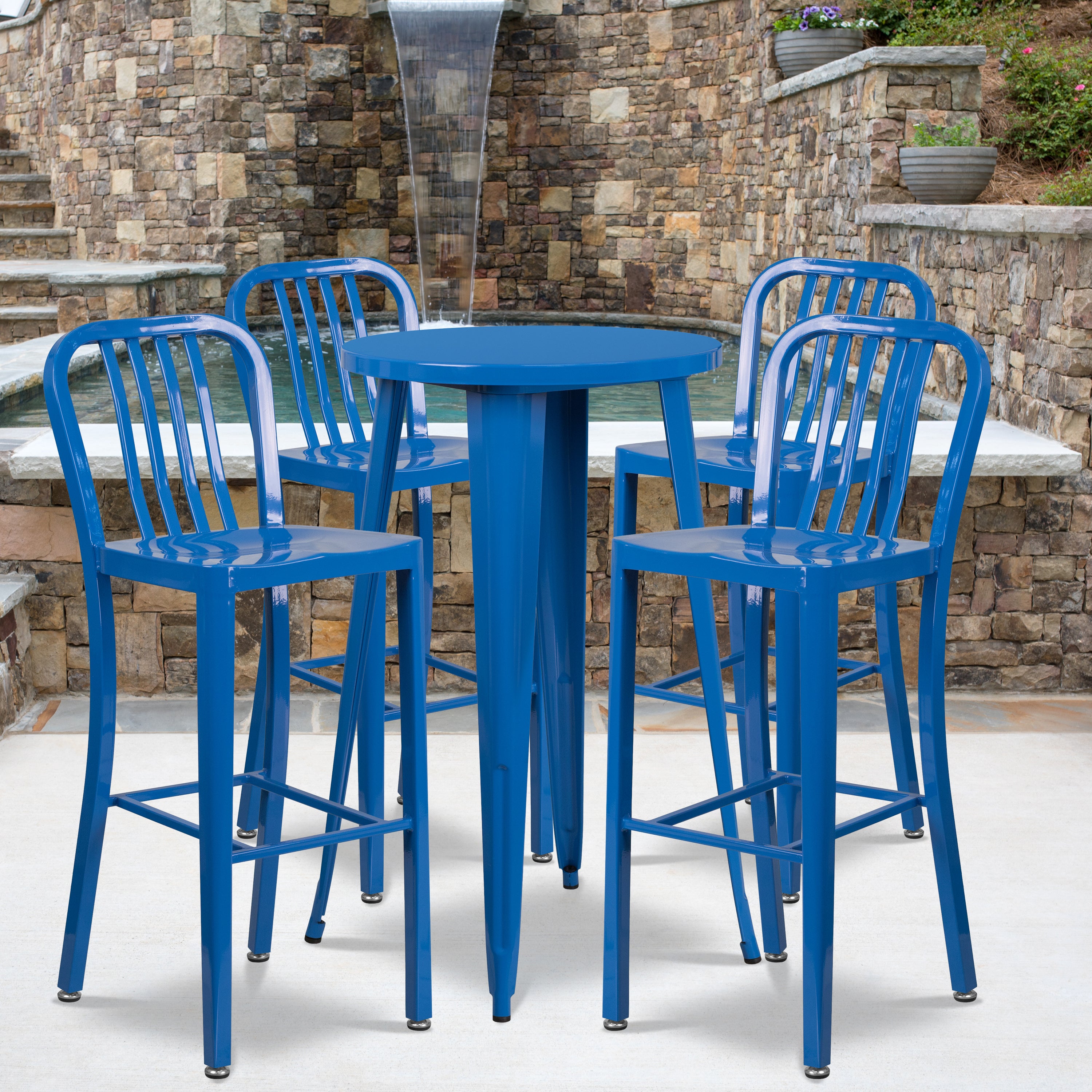 Commercial Grade 24" Round Metal Indoor-Outdoor Bar Table Set with 4 Vertical Slat Back Stools-Metal Colorful Bar Table and Stool Set-Flash Furniture-Wall2Wall Furnishings