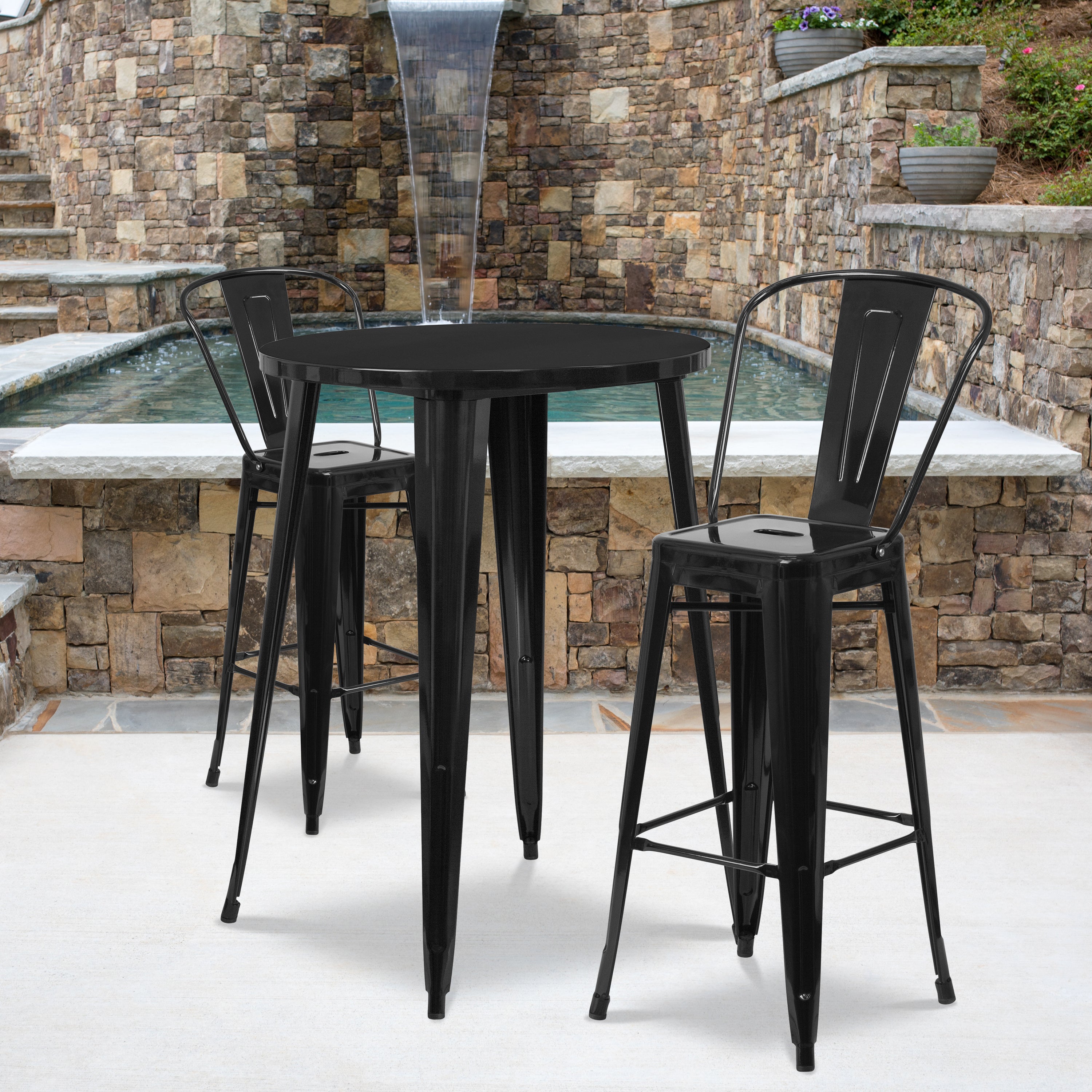 Commercial Grade 30" Round Metal Indoor-Outdoor Bar Table Set with 2 Cafe Stools-Indoor/Outdoor Dining Sets-Flash Furniture-Wall2Wall Furnishings