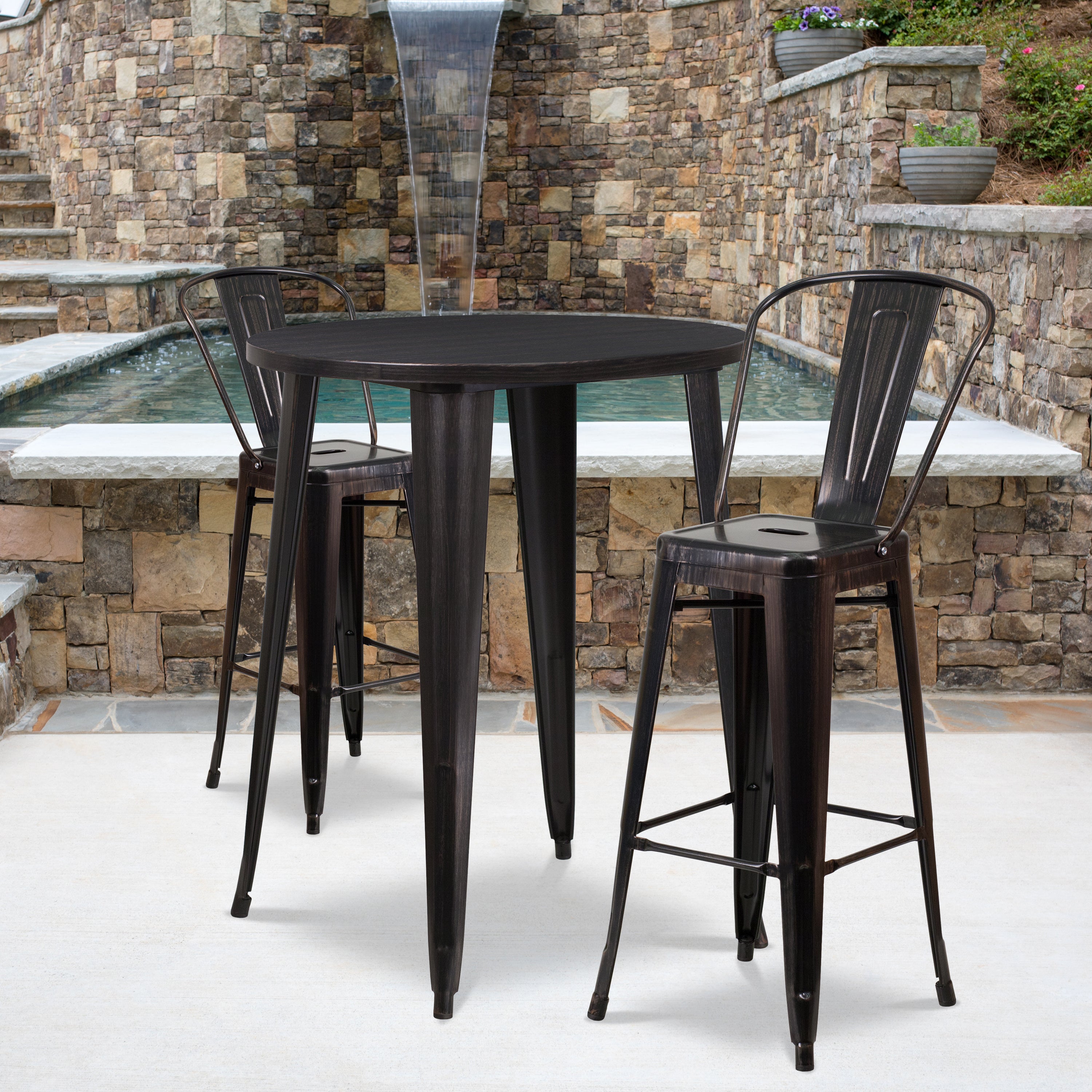 Commercial Grade 30" Round Metal Indoor-Outdoor Bar Table Set with 2 Cafe Stools-Indoor/Outdoor Dining Sets-Flash Furniture-Wall2Wall Furnishings