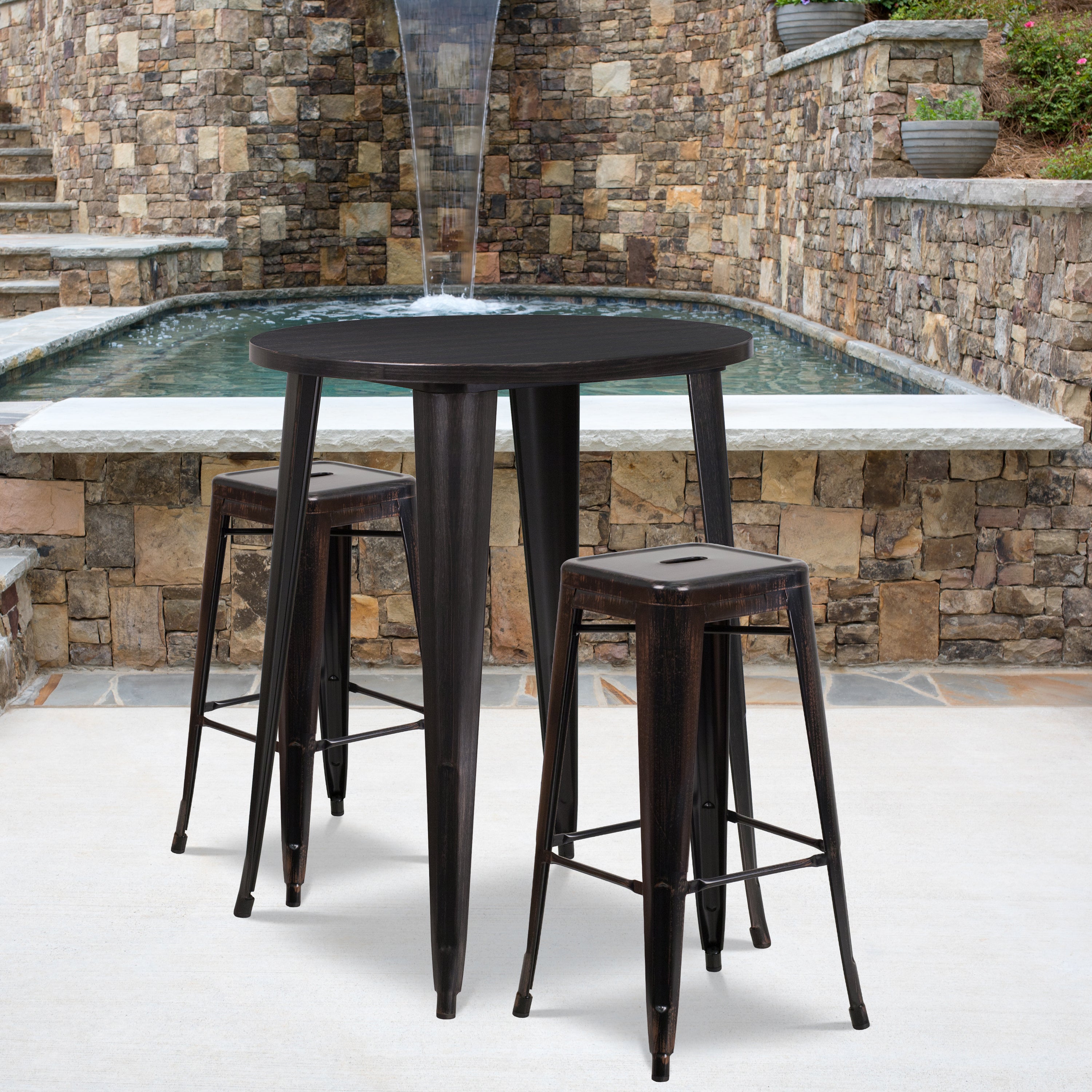 Commercial Grade 30" Round Metal Indoor-Outdoor Bar Table Set with 2 Square Seat Backless Stools-Indoor/Outdoor Dining Sets-Flash Furniture-Wall2Wall Furnishings