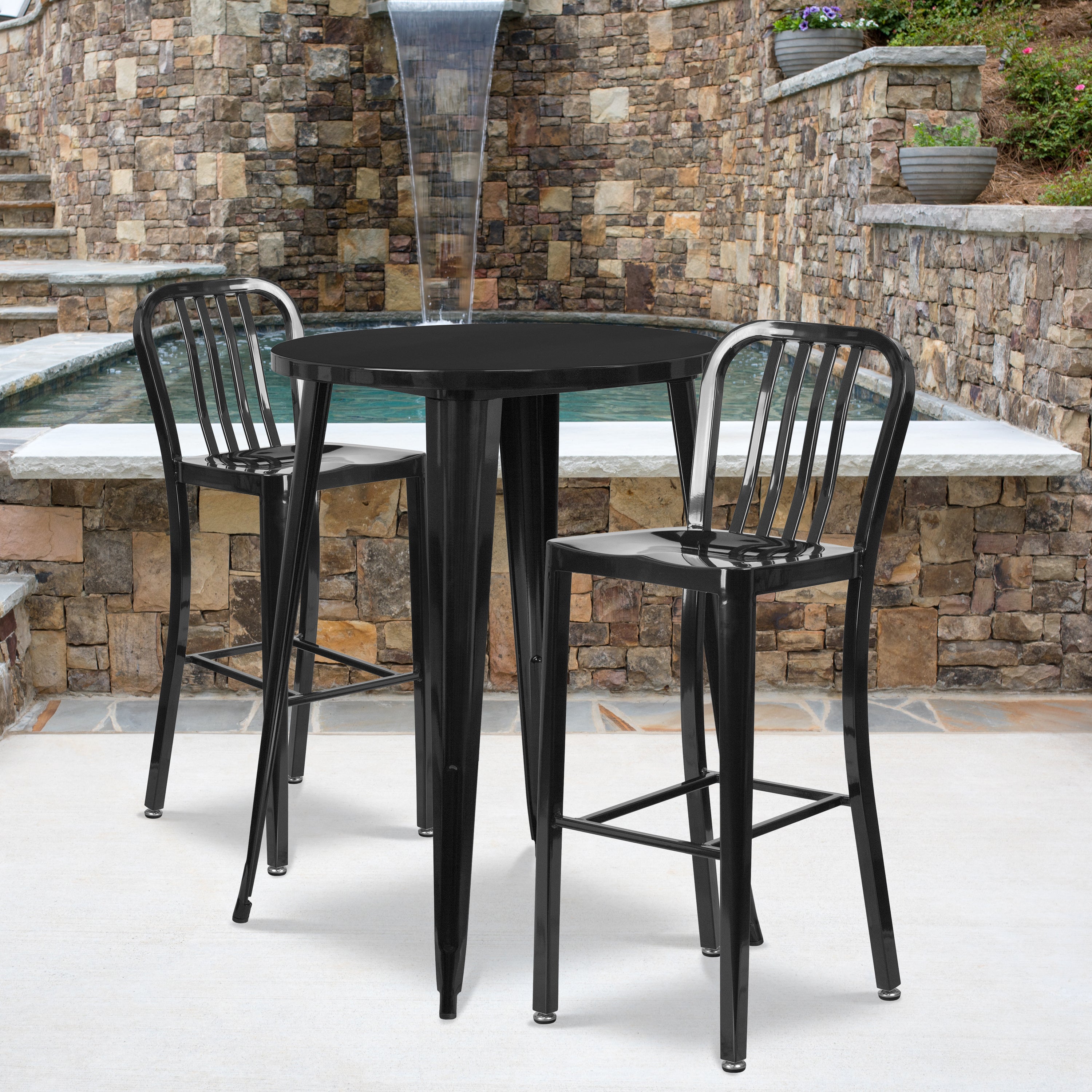 Commercial Grade 30" Round Metal Indoor-Outdoor Bar Table Set with 2 Vertical Slat Back Stools-Indoor/Outdoor Dining Sets-Flash Furniture-Wall2Wall Furnishings