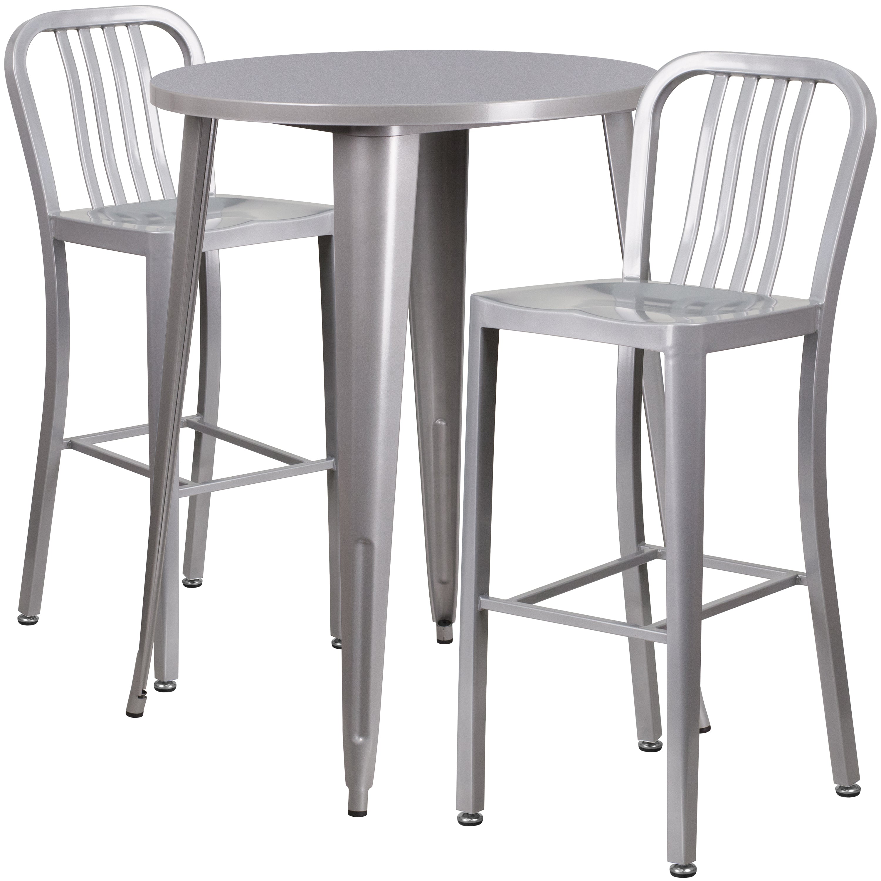 Commercial Grade 30" Round Metal Indoor-Outdoor Bar Table Set with 2 Vertical Slat Back Stools-Indoor/Outdoor Dining Sets-Flash Furniture-Wall2Wall Furnishings